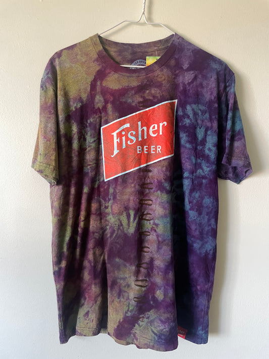 Large Men’s Fisher Beer Handmade Reverse Tie Dye Short Sleeve T-Shirt | One-Of-a-Kind Upcycled Blue and Purple Galaxy Ice Dye Tie Dye Top