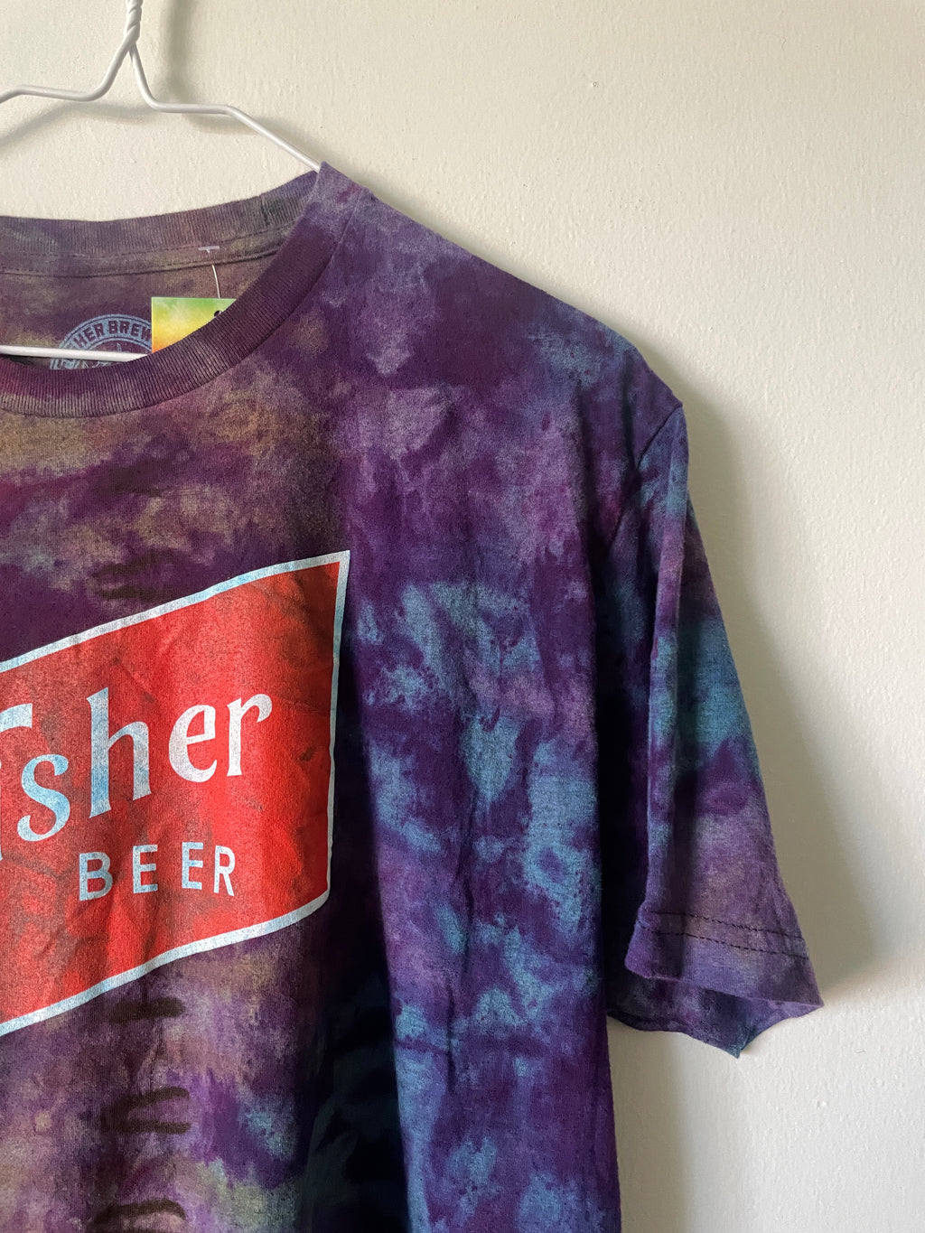 Large Men’s Fisher Beer Handmade Reverse Tie Dye Short Sleeve T-Shirt | One-Of-a-Kind Upcycled Blue and Purple Galaxy Ice Dye Tie Dye Top