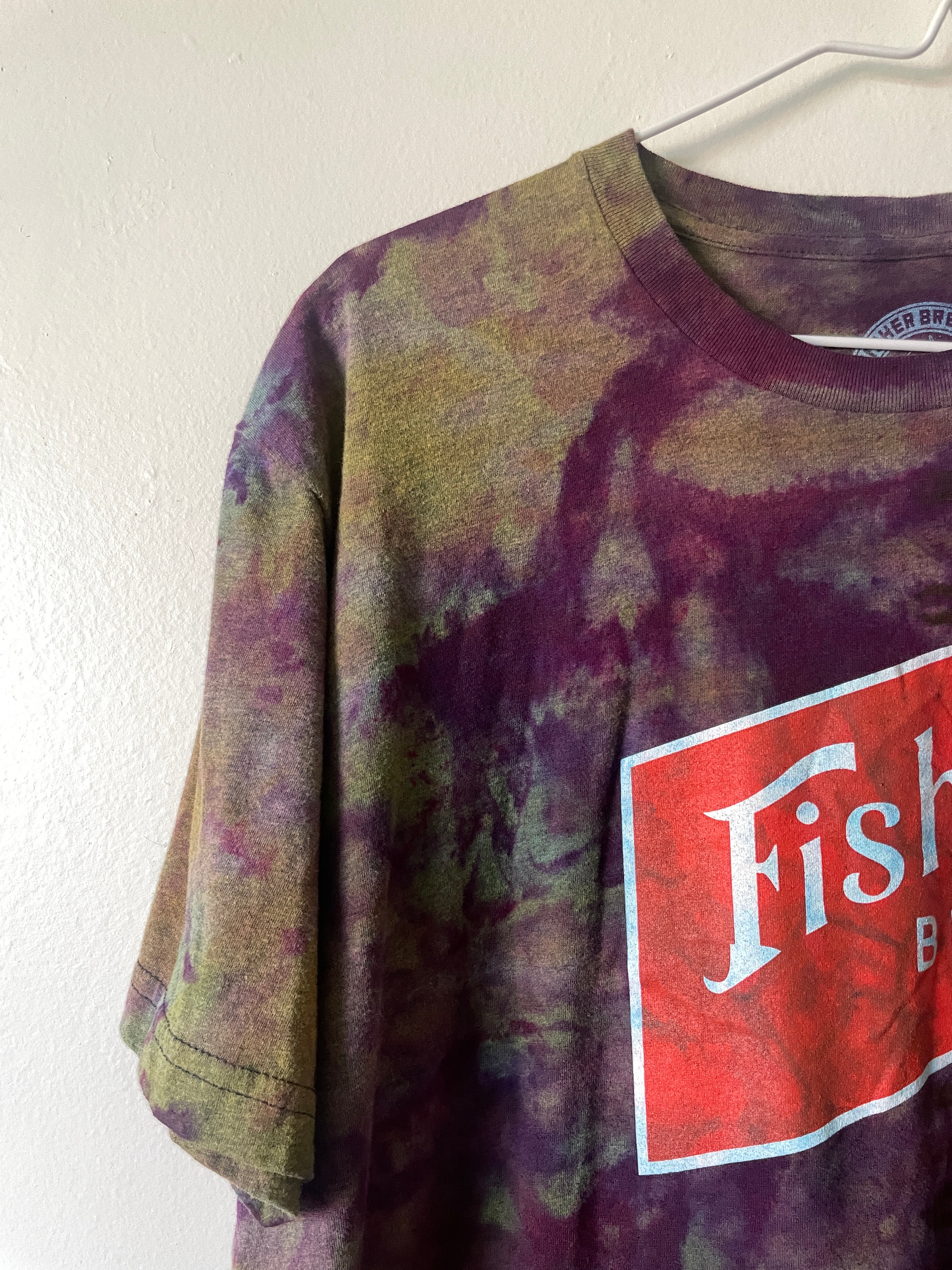 Large Men’s Fisher Beer Handmade Reverse Tie Dye Short Sleeve T-Shirt | One-Of-a-Kind Upcycled Blue and Purple Galaxy Ice Dye Tie Dye Top