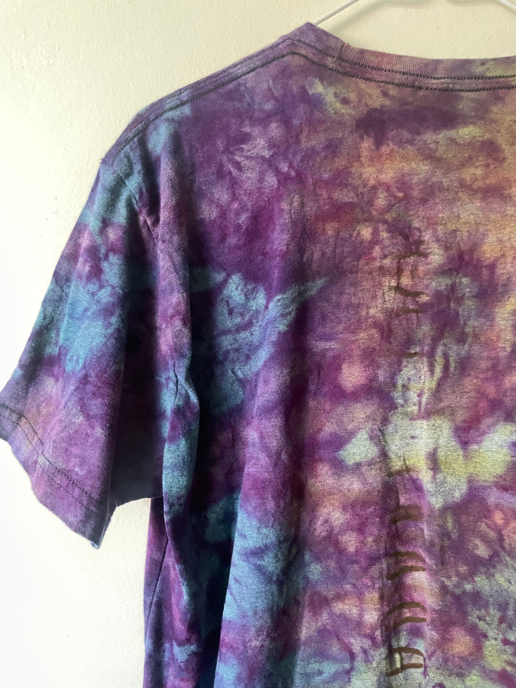 Large Men’s Fisher Beer Handmade Reverse Tie Dye Short Sleeve T-Shirt | One-Of-a-Kind Upcycled Blue and Purple Galaxy Ice Dye Tie Dye Top