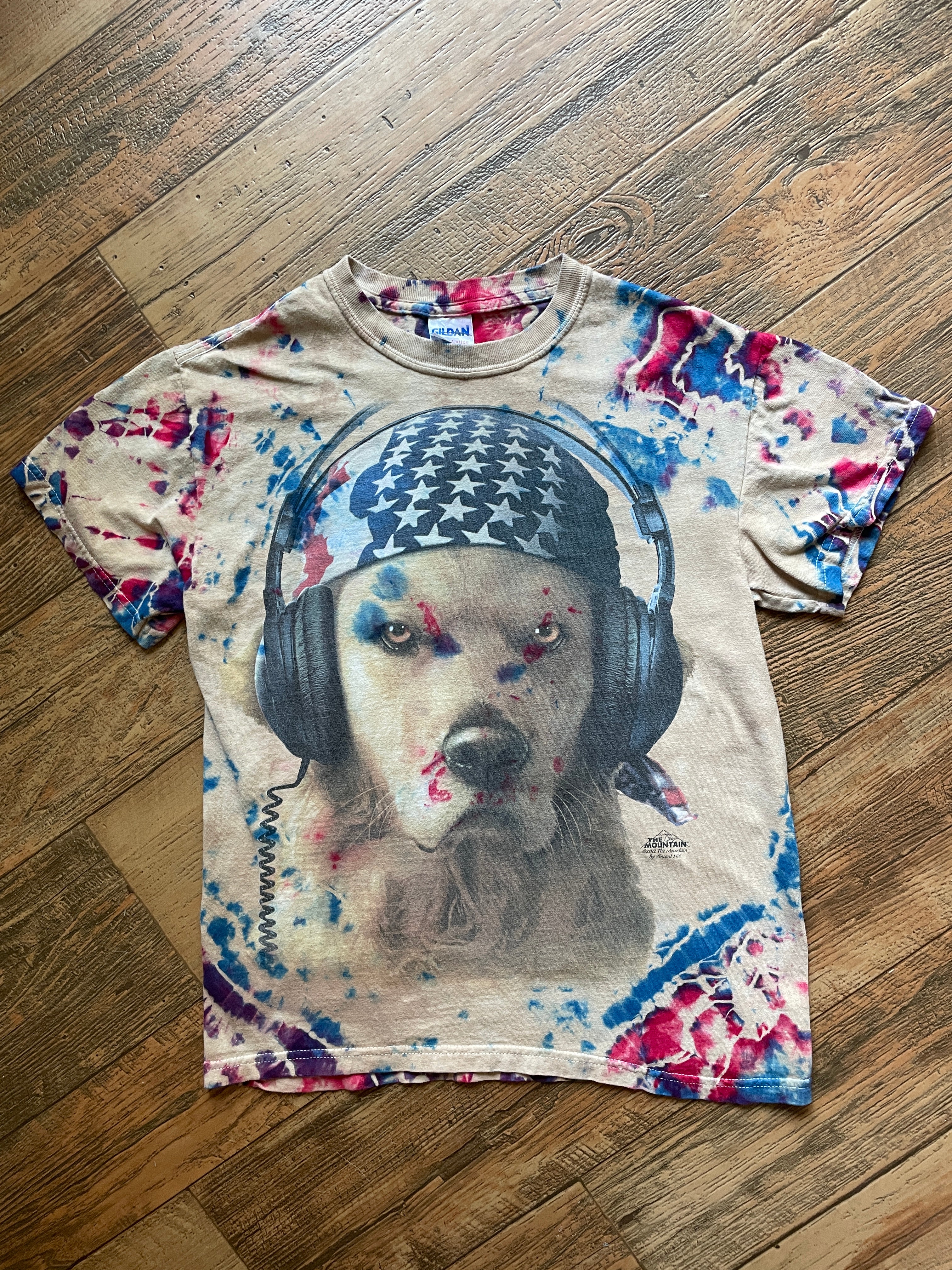 Golden Retriever Pilot Red White and Blue Geode Short Sleeve Tie Dye T-Shirt | Men's XS/Youth Large