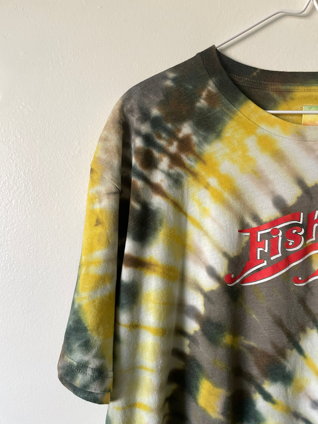 XXL Men’s Fisher Beer Handmade Reverse Tie Dye Short Sleeve T-Shirt | One-Of-a-Kind Upcycled Tan and Green Spiral Tie Dye Top