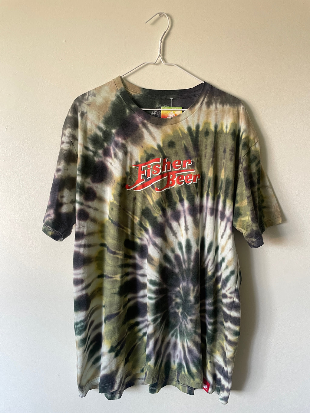 XXL Men’s Fisher Beer Handmade Reverse Tie Dye Short Sleeve T-Shirt | One-Of-a-Kind Upcycled Green, Brown, and Black Spiral Tie Dye Top