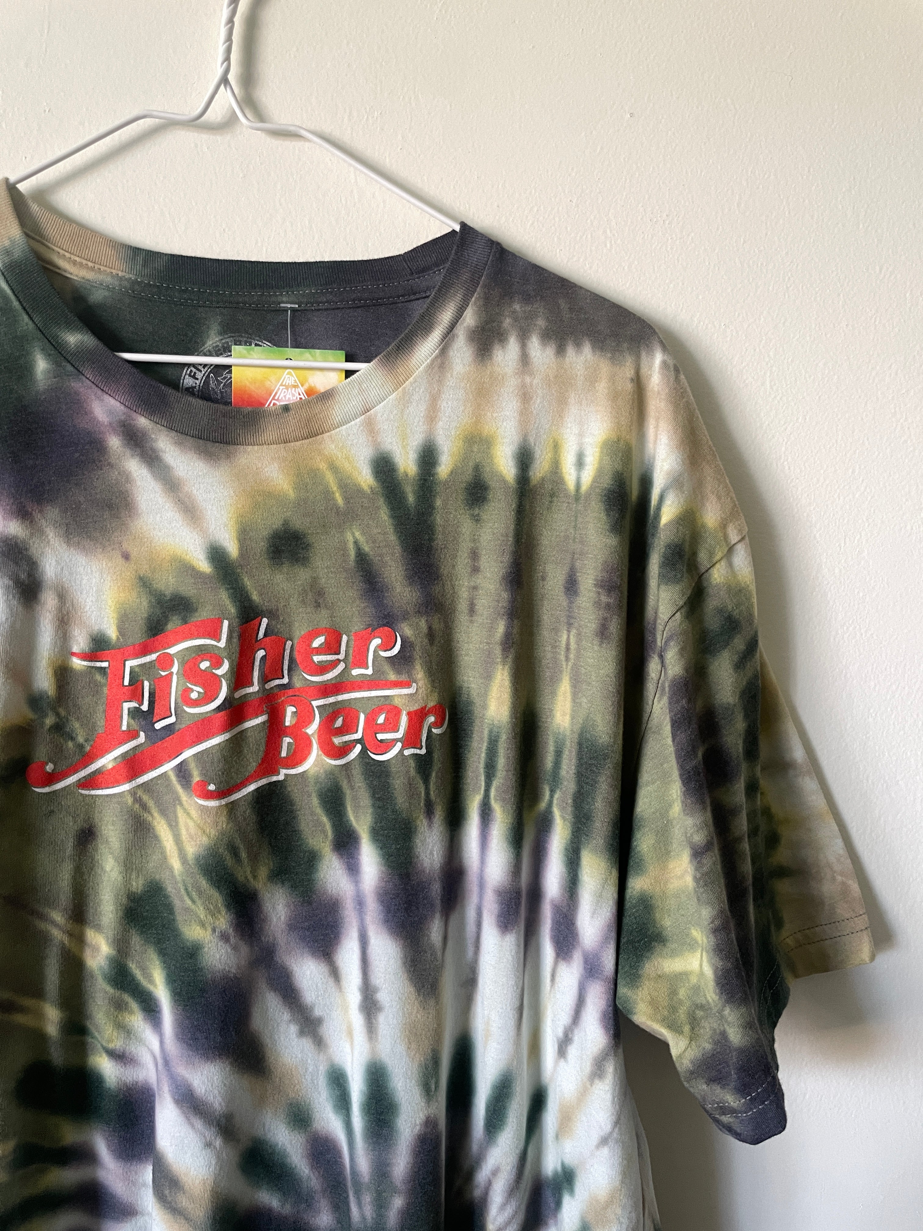 XXL Men’s Fisher Beer Handmade Reverse Tie Dye Short Sleeve T-Shirt | One-Of-a-Kind Upcycled Green, Brown, and Black Spiral Tie Dye Top