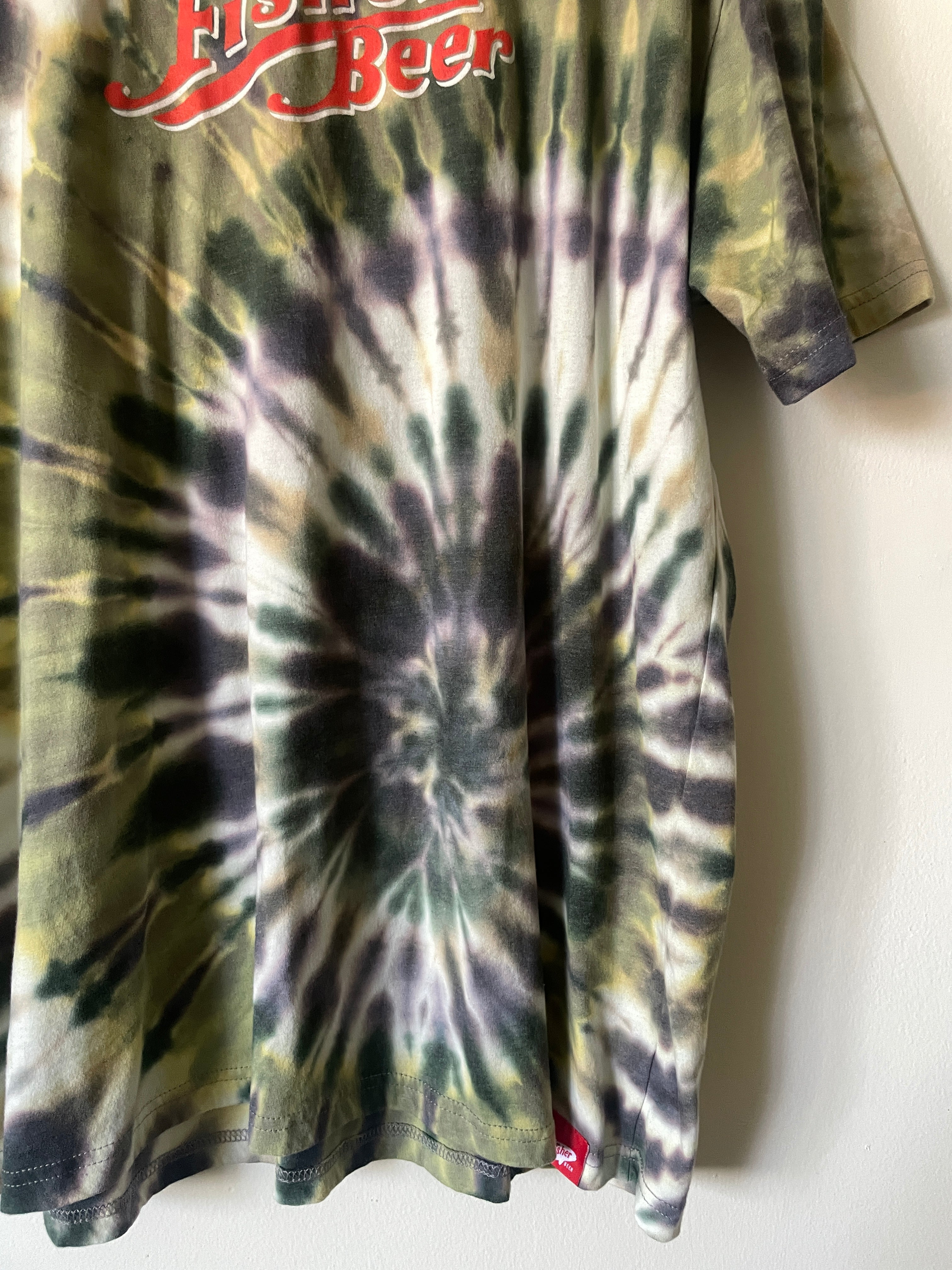 XXL Men’s Fisher Beer Handmade Reverse Tie Dye Short Sleeve T-Shirt | One-Of-a-Kind Upcycled Green, Brown, and Black Spiral Tie Dye Top