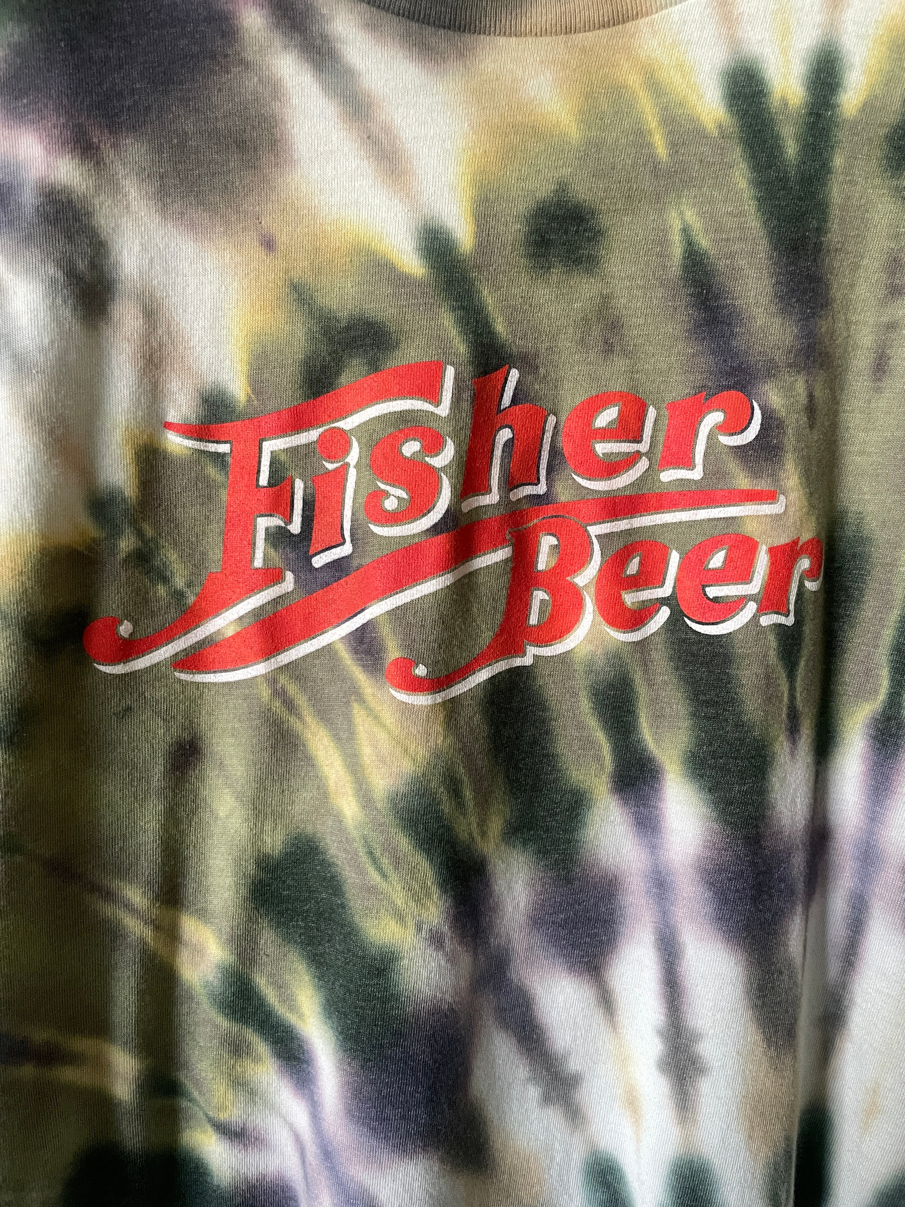 XXL Men’s Fisher Beer Handmade Reverse Tie Dye Short Sleeve T-Shirt | One-Of-a-Kind Upcycled Green, Brown, and Black Spiral Tie Dye Top