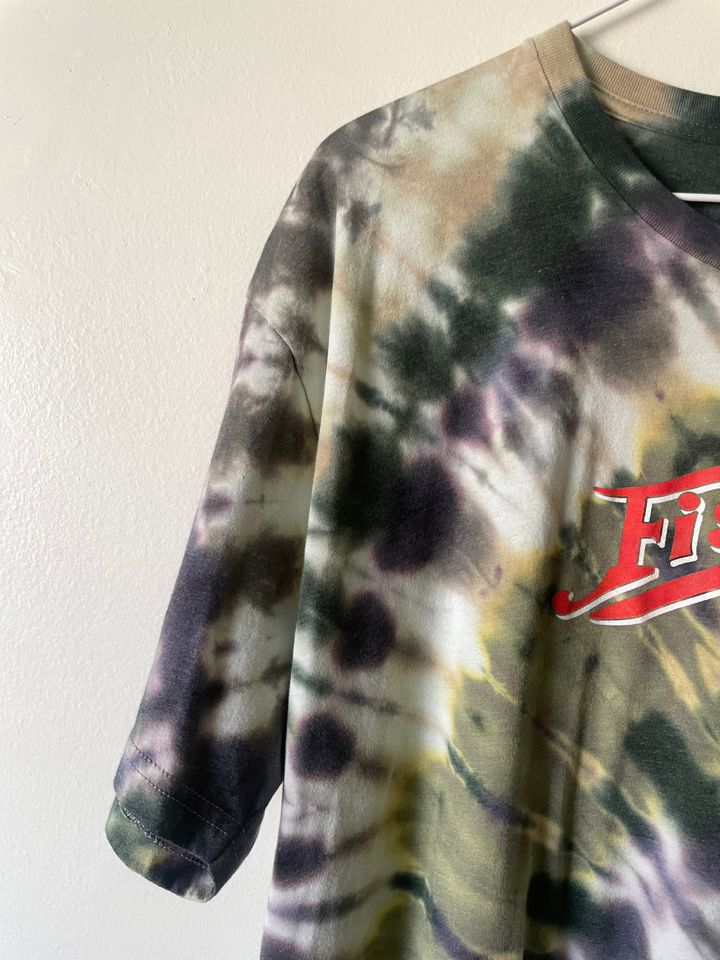 XXL Men’s Fisher Beer Handmade Reverse Tie Dye Short Sleeve T-Shirt | One-Of-a-Kind Upcycled Green, Brown, and Black Spiral Tie Dye Top