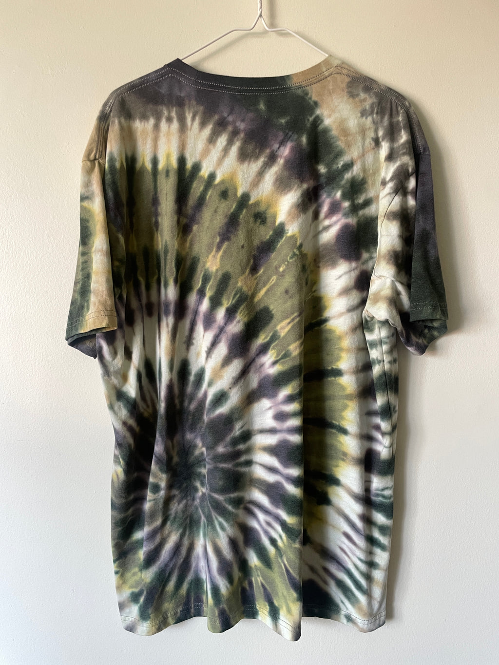 XXL Men’s Fisher Beer Handmade Reverse Tie Dye Short Sleeve T-Shirt | One-Of-a-Kind Upcycled Green, Brown, and Black Spiral Tie Dye Top