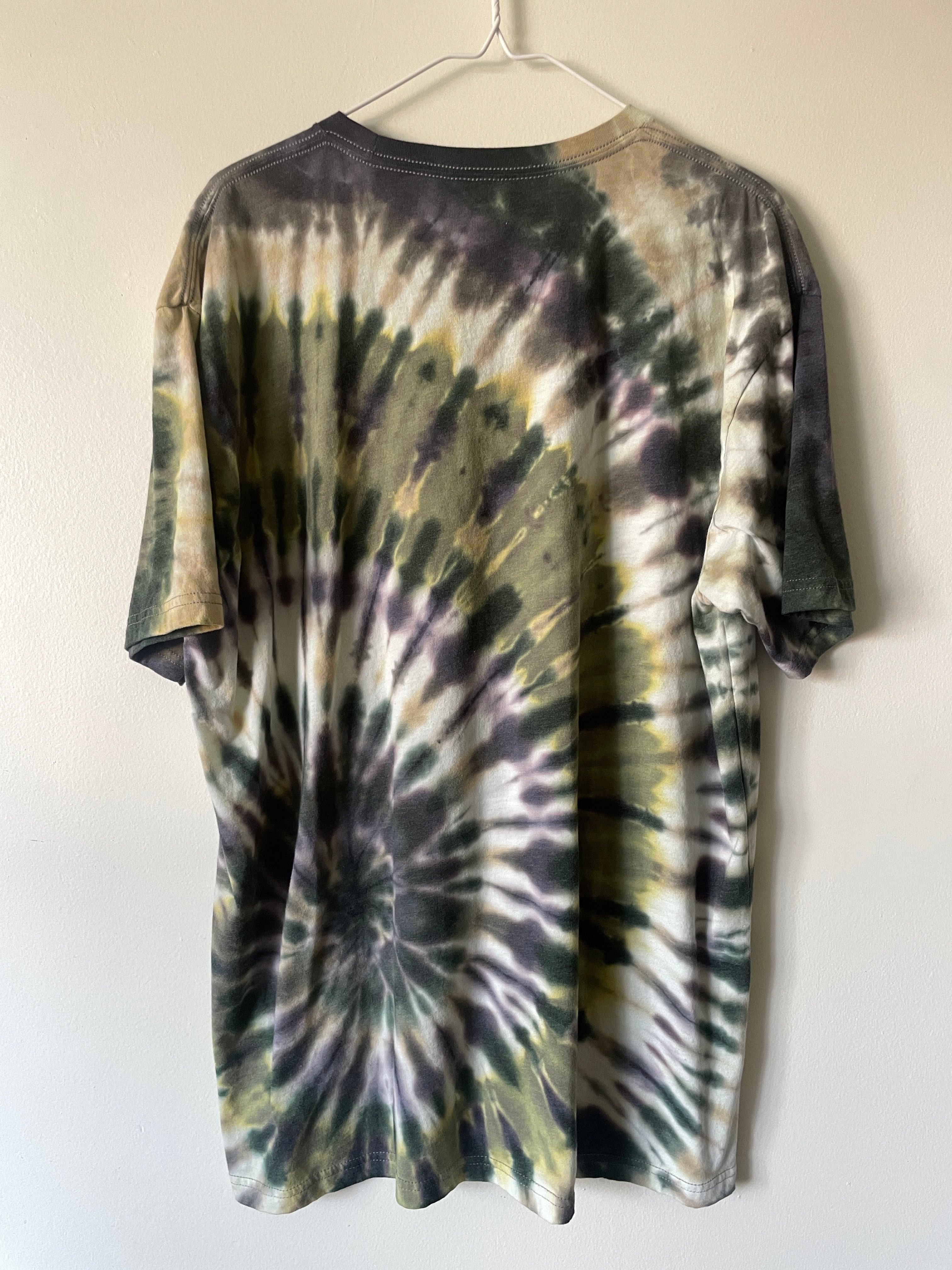 XXL Men’s Fisher Beer Handmade Reverse Tie Dye Short Sleeve T-Shirt | One-Of-a-Kind Upcycled Green, Brown, and Black Spiral Tie Dye Top