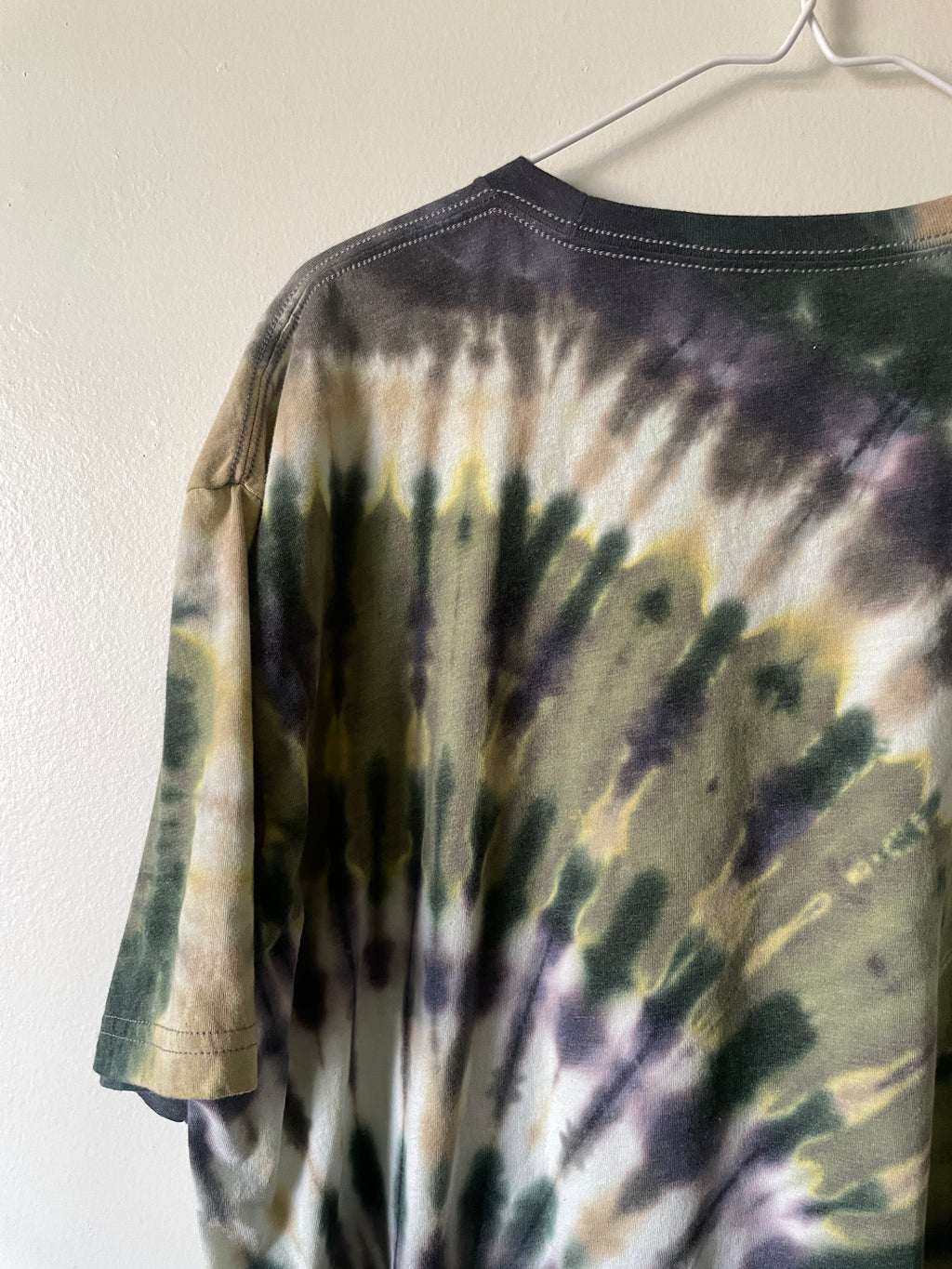 XXL Men’s Fisher Beer Handmade Reverse Tie Dye Short Sleeve T-Shirt | One-Of-a-Kind Upcycled Green, Brown, and Black Spiral Tie Dye Top