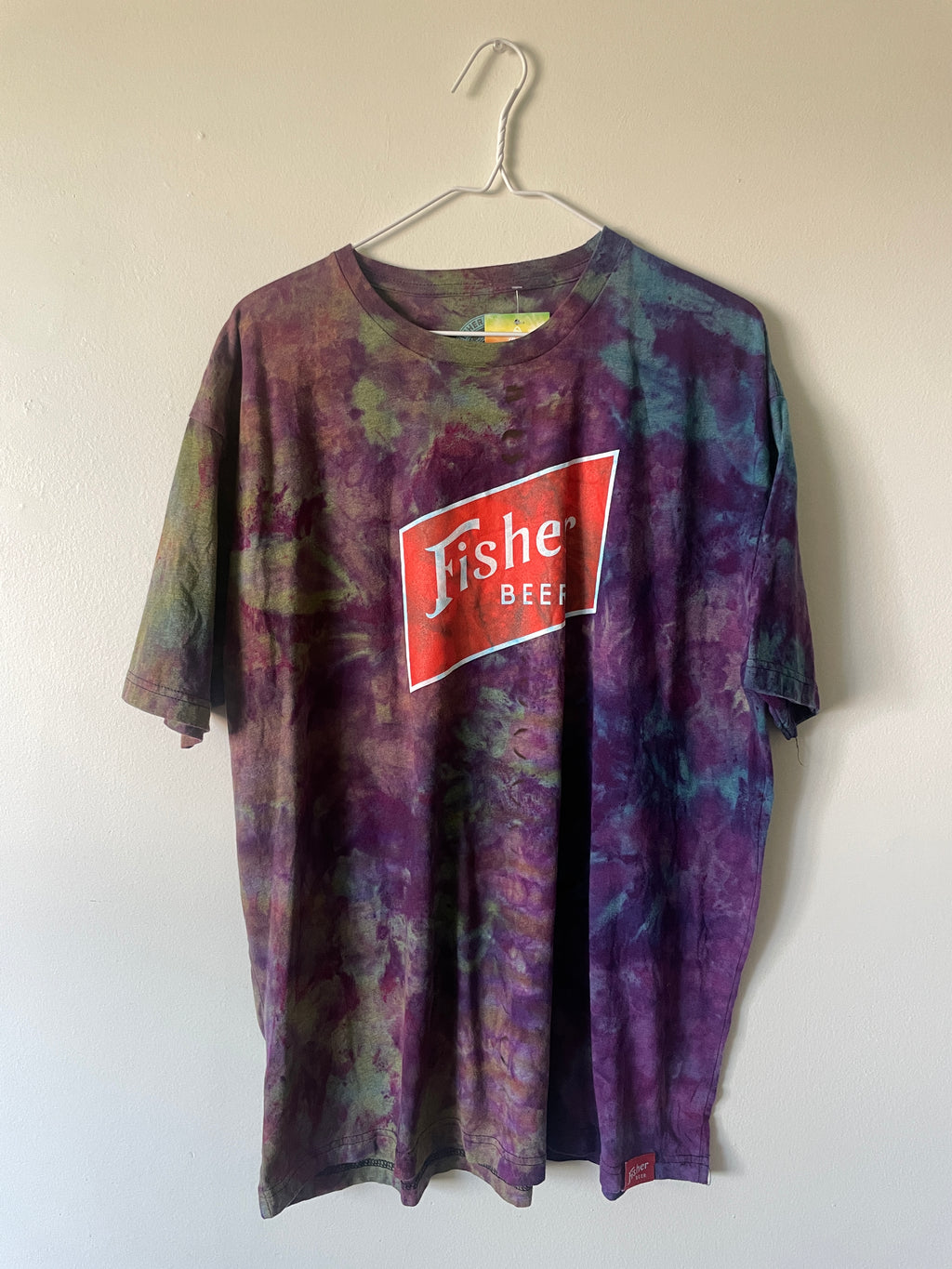 XXL Men’s Fisher Beer Handmade Reverse Tie Dye Short Sleeve T-Shirt | One-Of-a-Kind Upcycled Blue and Purple Galaxy Ice Dye Tie Dye Top
