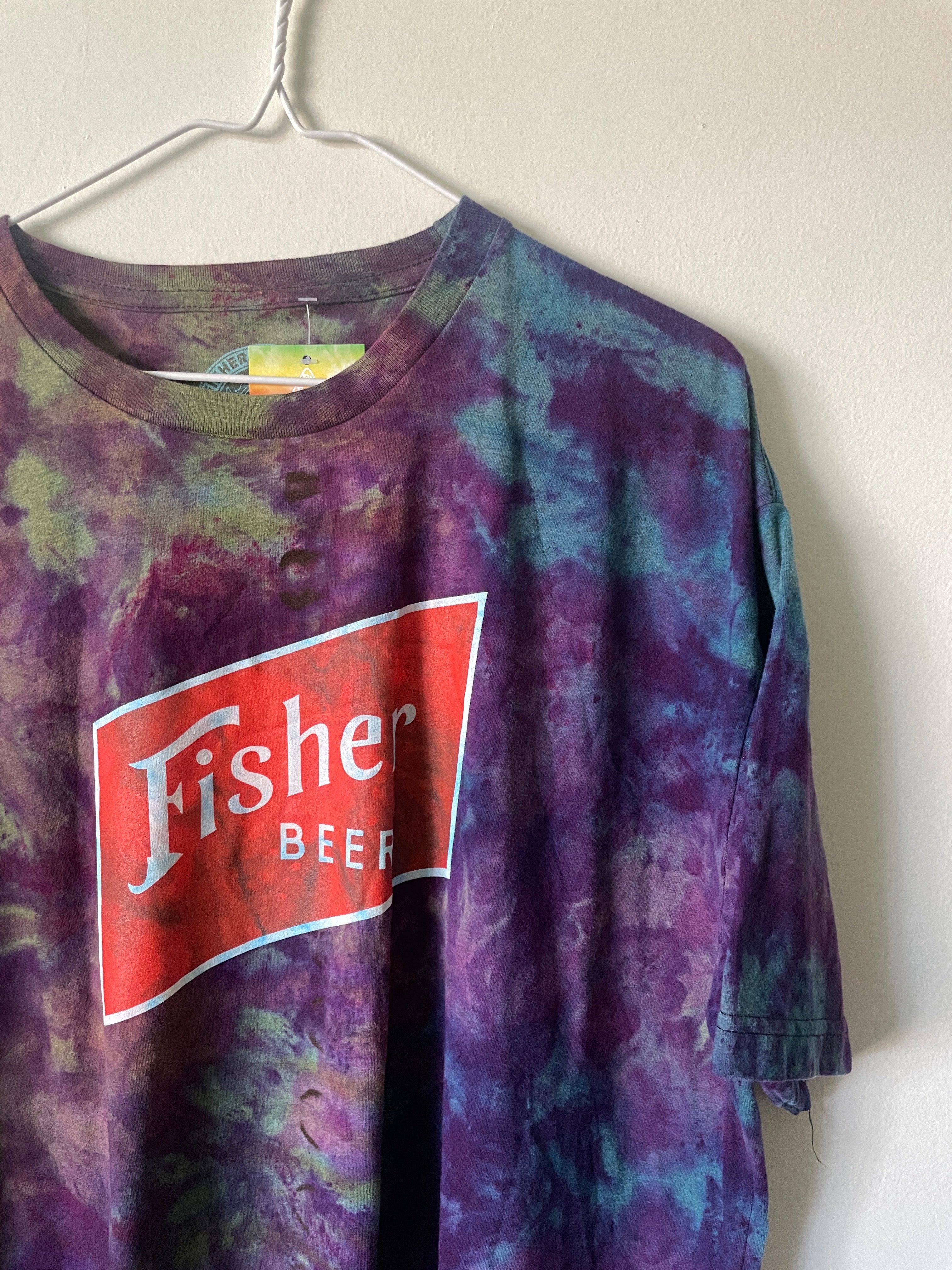 XXL Men’s Fisher Beer Handmade Reverse Tie Dye Short Sleeve T-Shirt | One-Of-a-Kind Upcycled Blue and Purple Galaxy Ice Dye Tie Dye Top