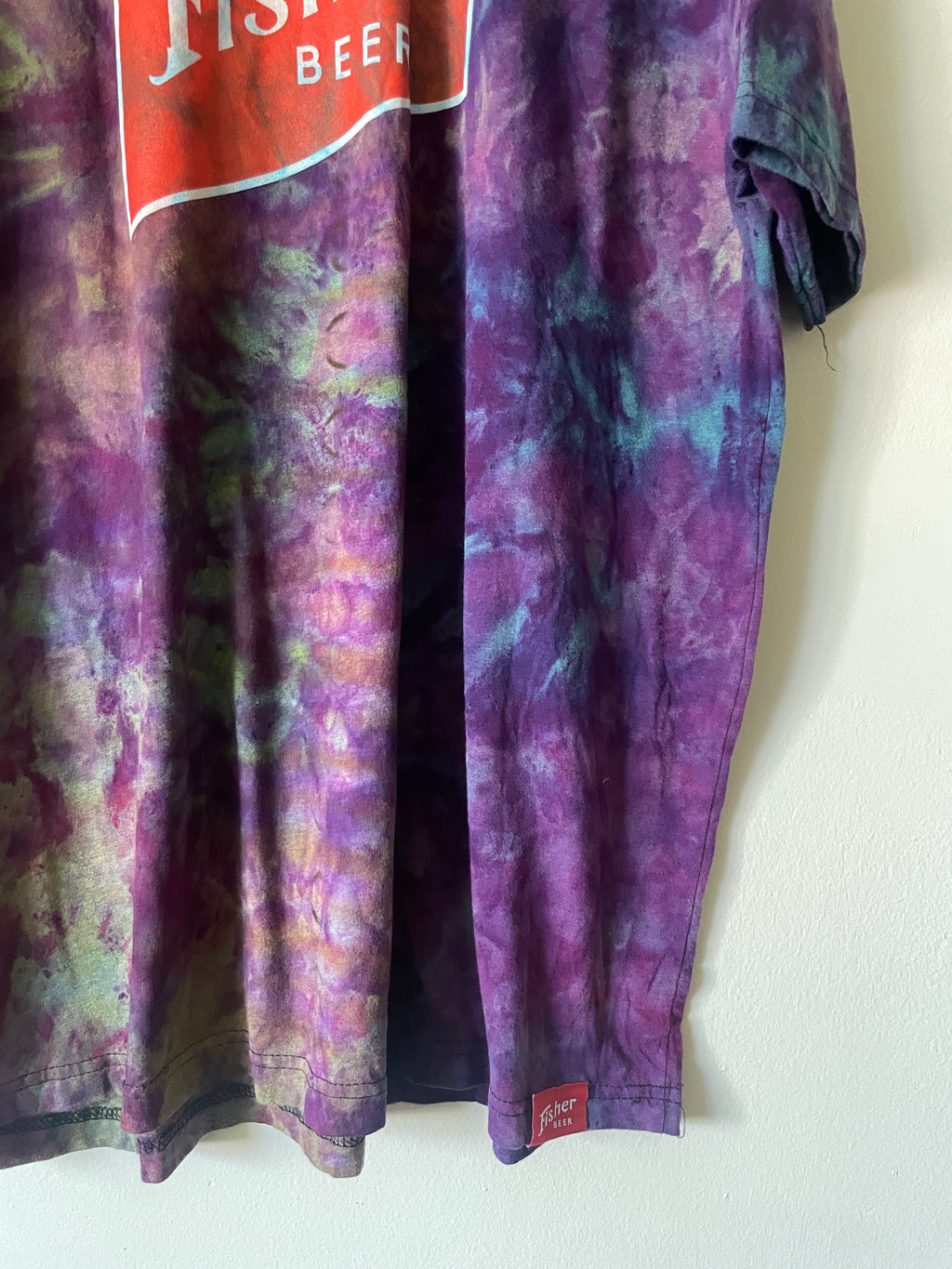 XXL Men’s Fisher Beer Handmade Reverse Tie Dye Short Sleeve T-Shirt | One-Of-a-Kind Upcycled Blue and Purple Galaxy Ice Dye Tie Dye Top