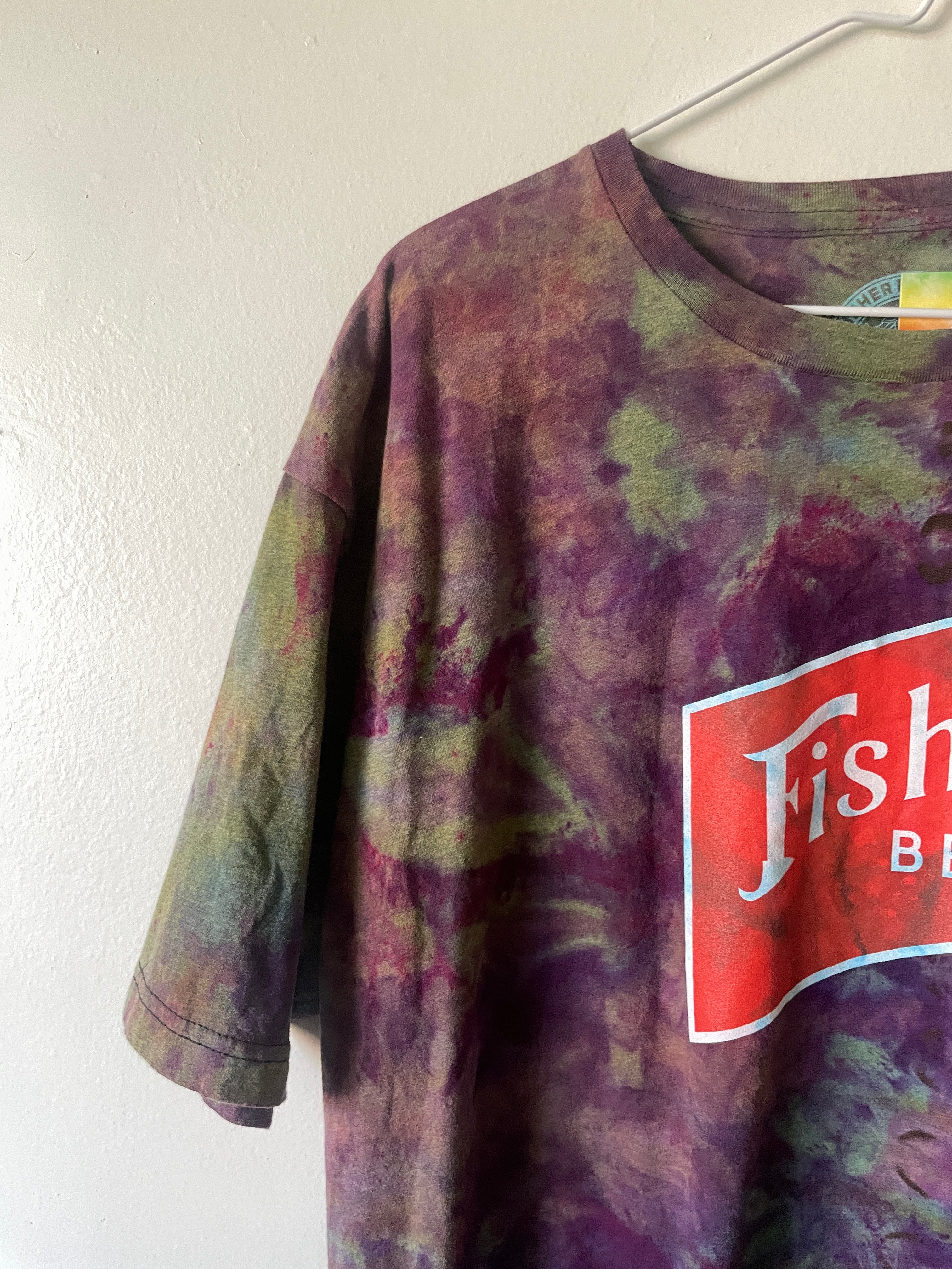 XXL Men’s Fisher Beer Handmade Reverse Tie Dye Short Sleeve T-Shirt | One-Of-a-Kind Upcycled Blue and Purple Galaxy Ice Dye Tie Dye Top