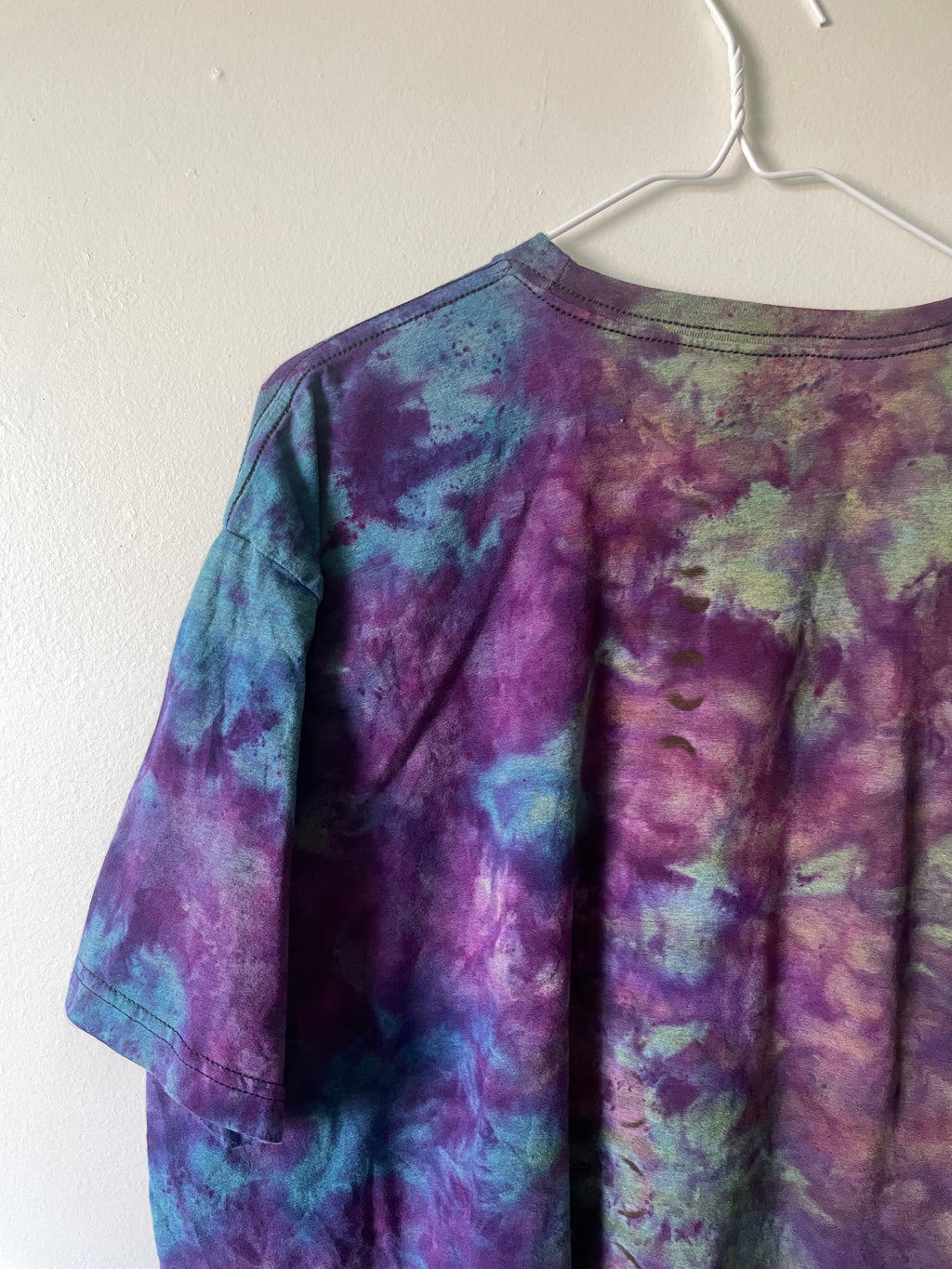 XXL Men’s Fisher Beer Handmade Reverse Tie Dye Short Sleeve T-Shirt | One-Of-a-Kind Upcycled Blue and Purple Galaxy Ice Dye Tie Dye Top