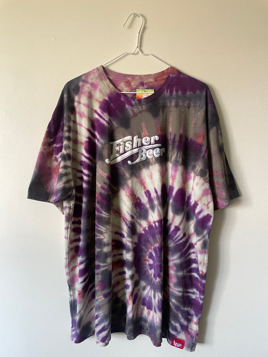 3XL Men’s Fisher Beer Handmade Reverse Tie Dye Short Sleeve T-Shirt | One-Of-a-Kind Upcycled Tan and Pink Spiral Tie Dye Top