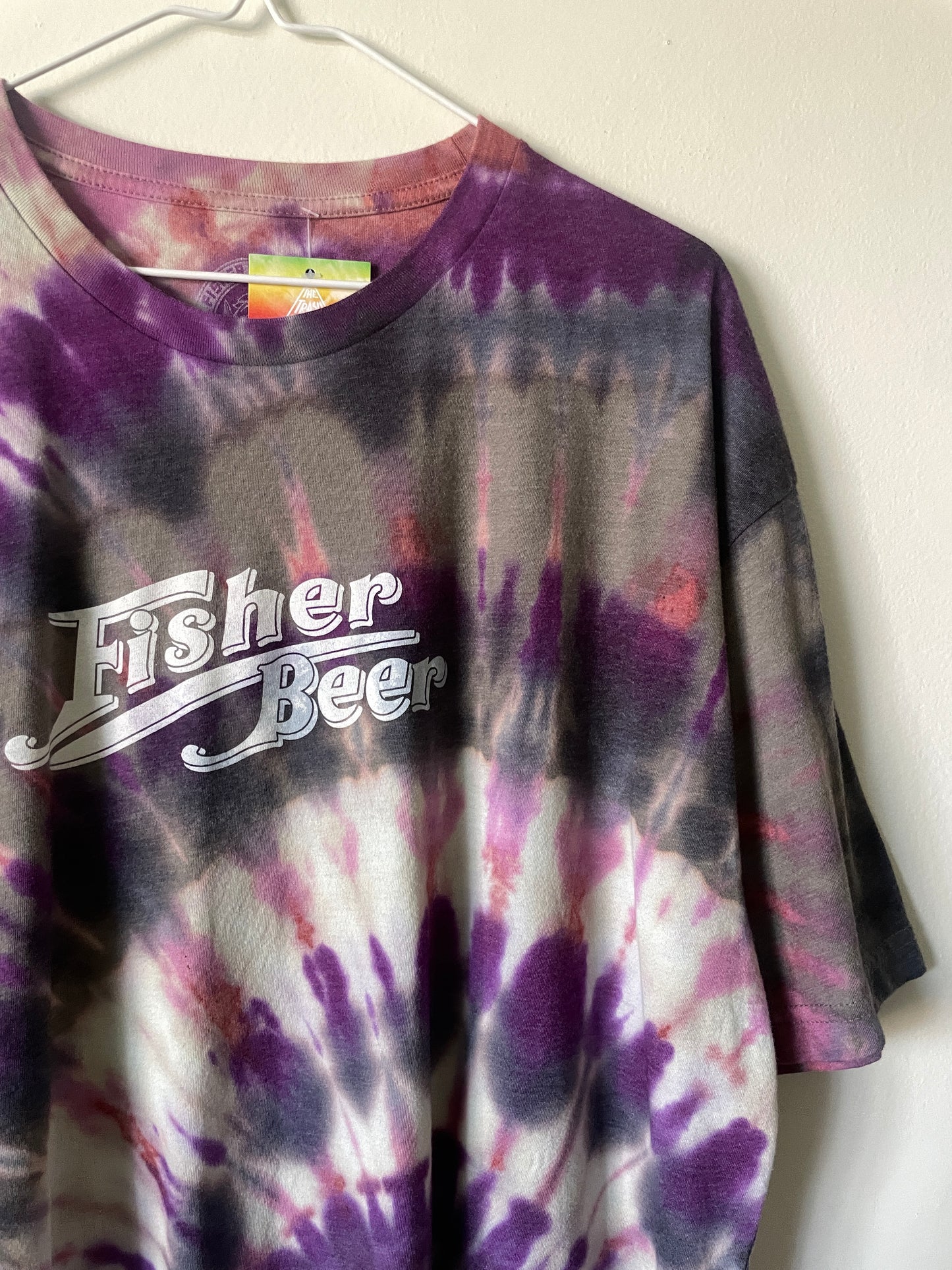 3XL Men’s Fisher Beer Handmade Reverse Tie Dye Short Sleeve T-Shirt | One-Of-a-Kind Upcycled Tan and Pink Spiral Tie Dye Top