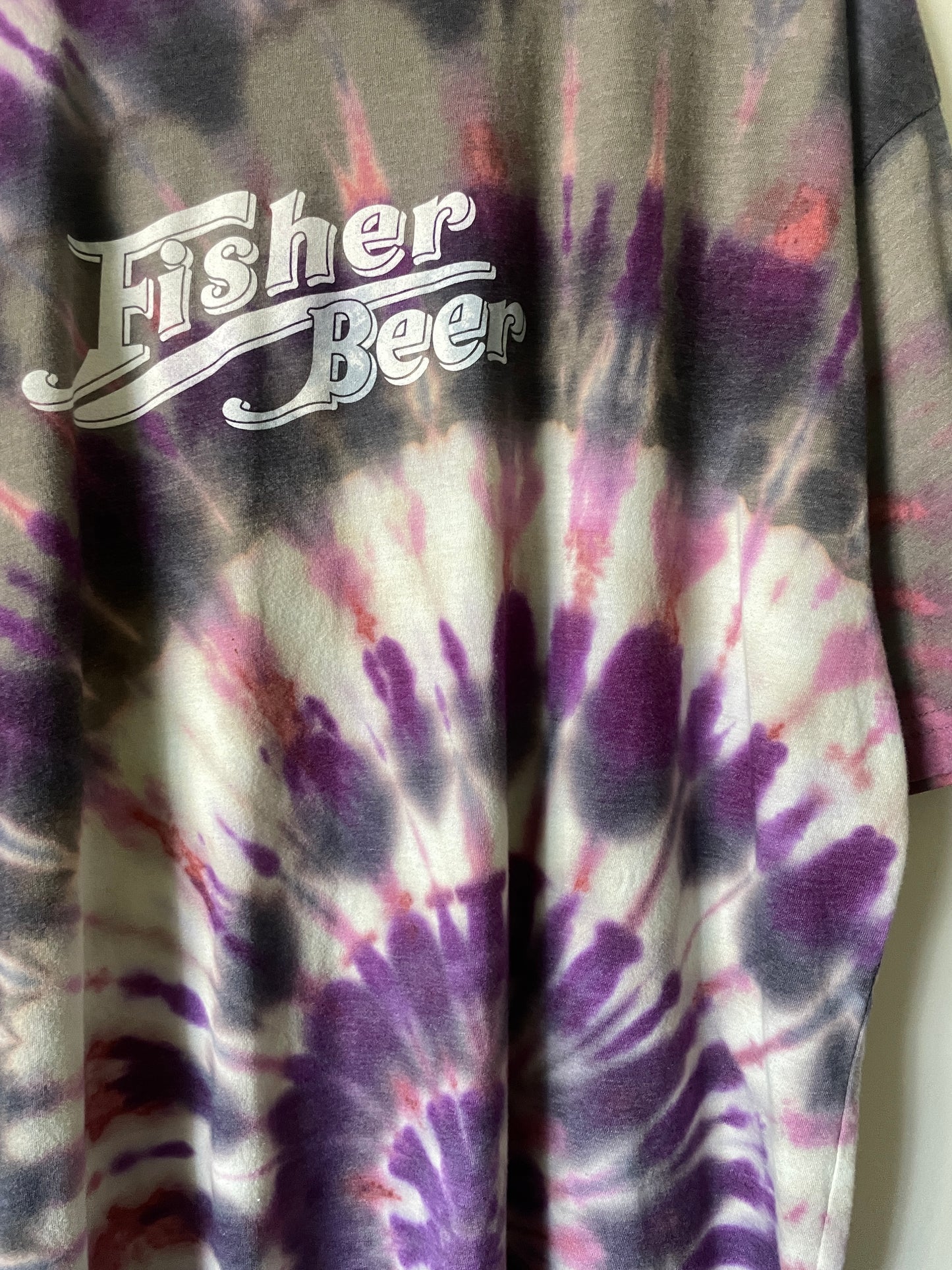 3XL Men’s Fisher Beer Handmade Reverse Tie Dye Short Sleeve T-Shirt | One-Of-a-Kind Upcycled Tan and Pink Spiral Tie Dye Top