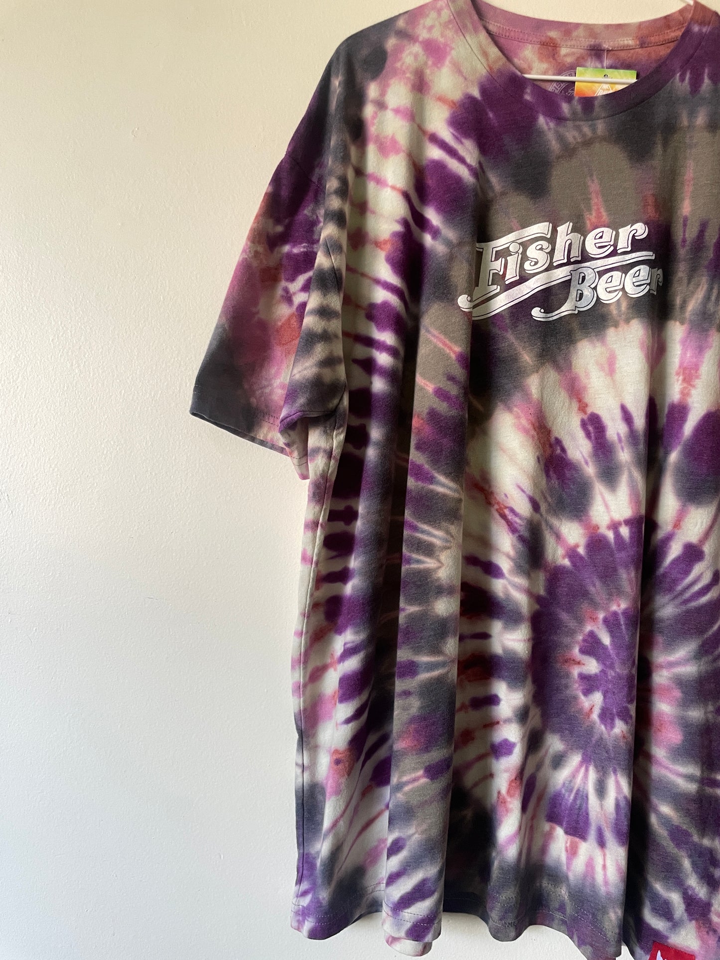 3XL Men’s Fisher Beer Handmade Reverse Tie Dye Short Sleeve T-Shirt | One-Of-a-Kind Upcycled Tan and Pink Spiral Tie Dye Top