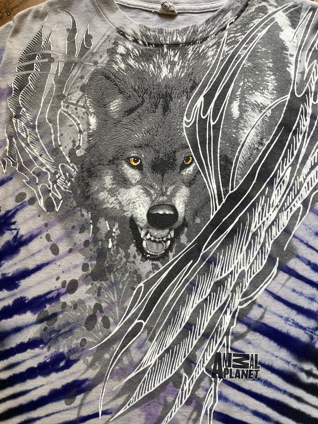 Animal Planet Lone Wolf Purple & Gray Tie Dye T-Shirt | Men's Medium, Short Sleeve