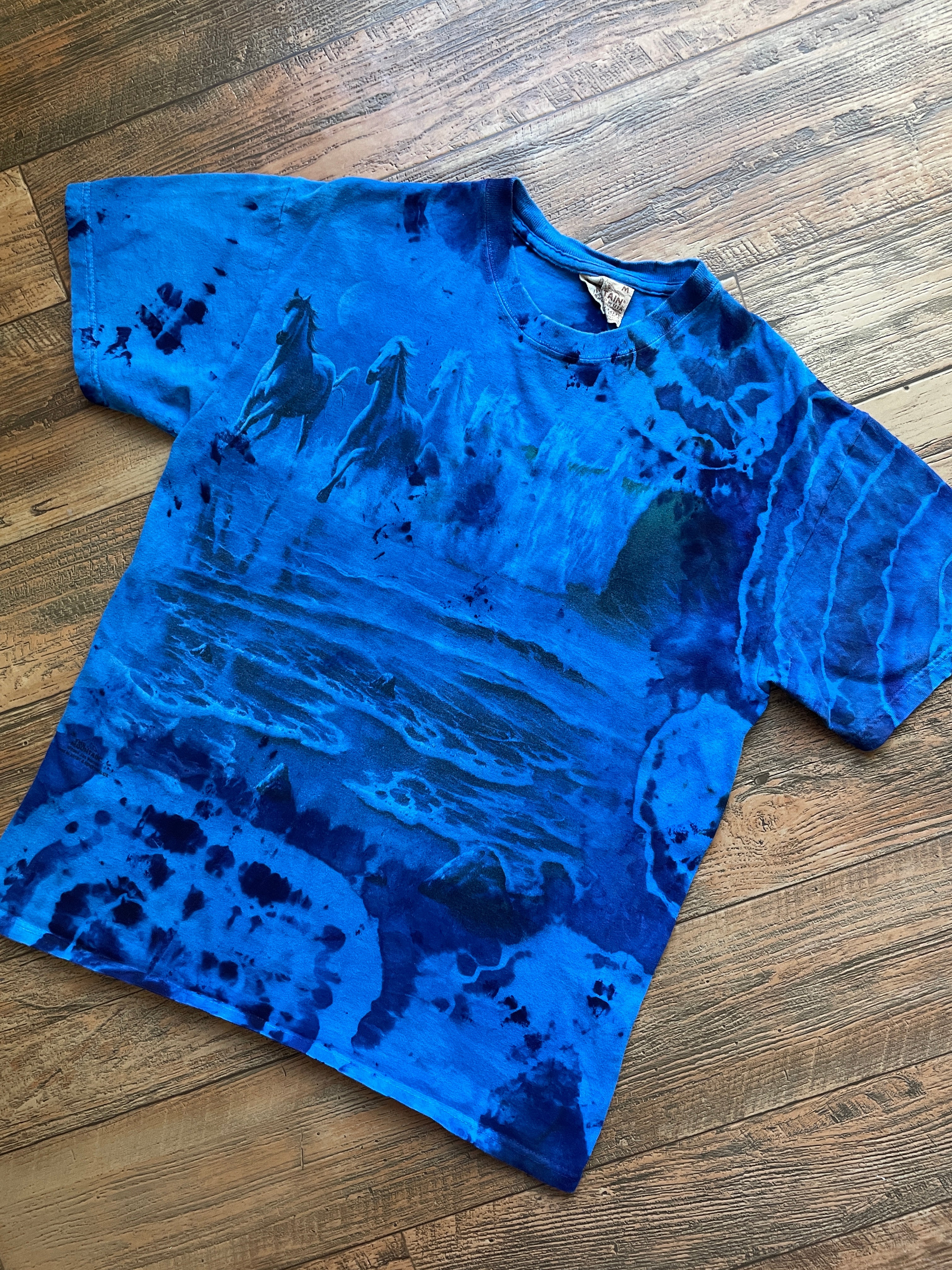 Waterfalls & Wild Horses Blue and Black Tie Dye T-Shirt | Men's Medium, Short Sleeve
