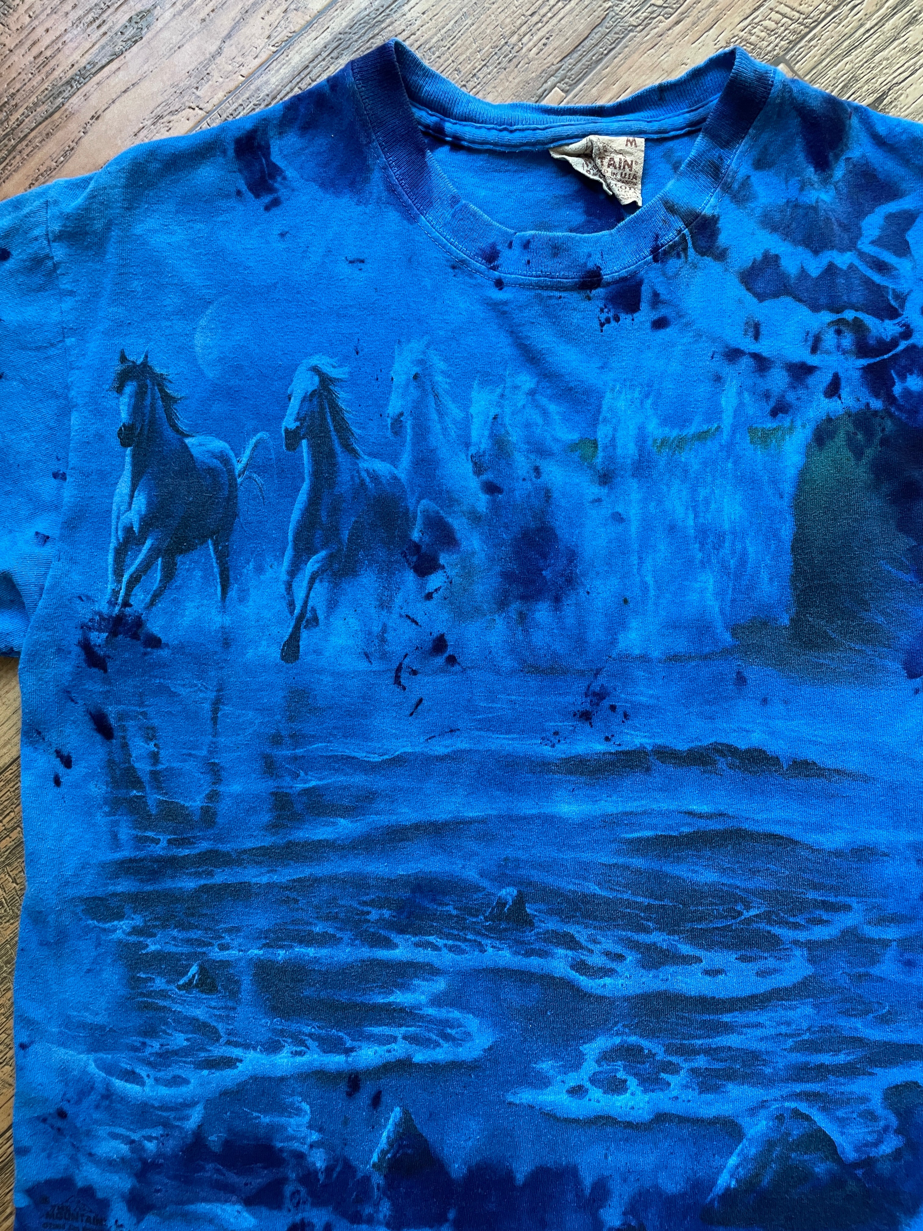 Waterfalls & Wild Horses Blue and Black Tie Dye T-Shirt | Men's Medium, Short Sleeve