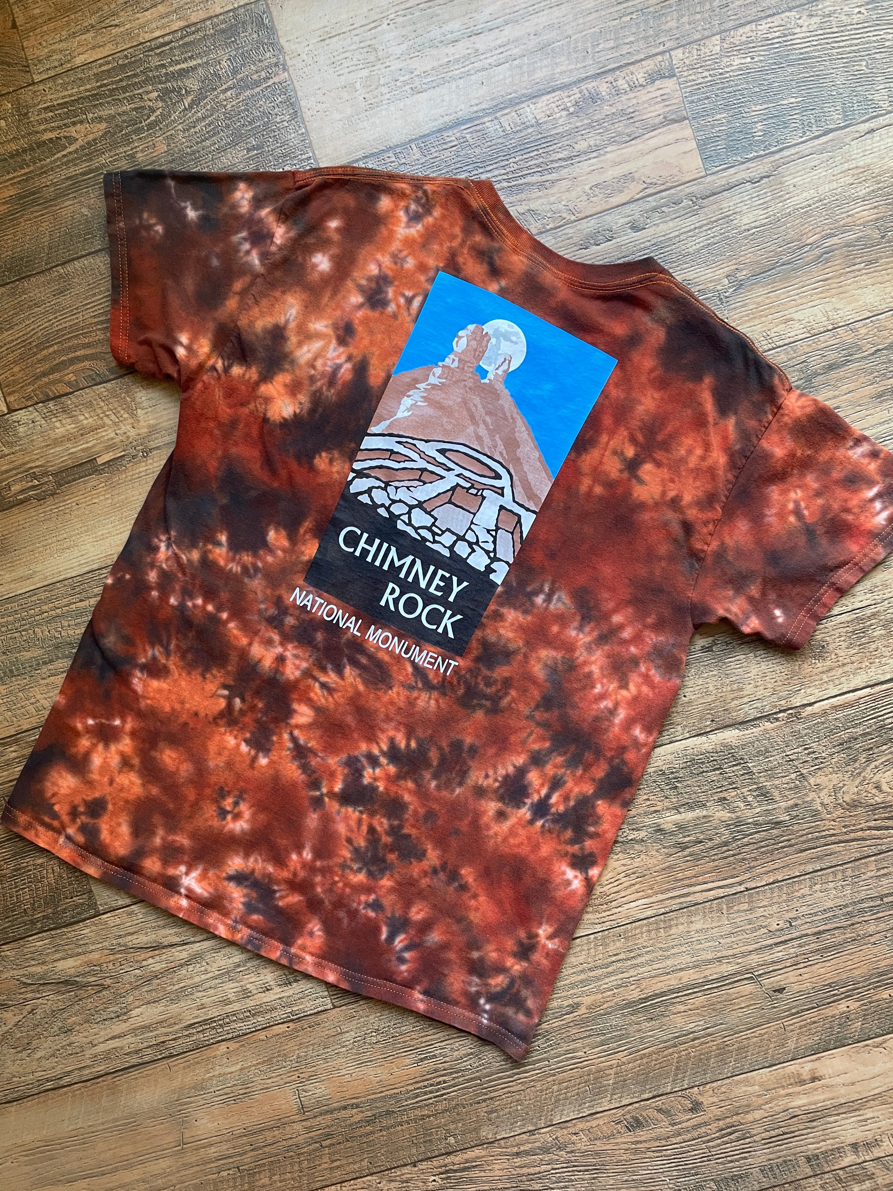 Chimney Rock National Monument Orange and Blac Tie Dye T-Shirt | Men's Large, Short Sleeve
