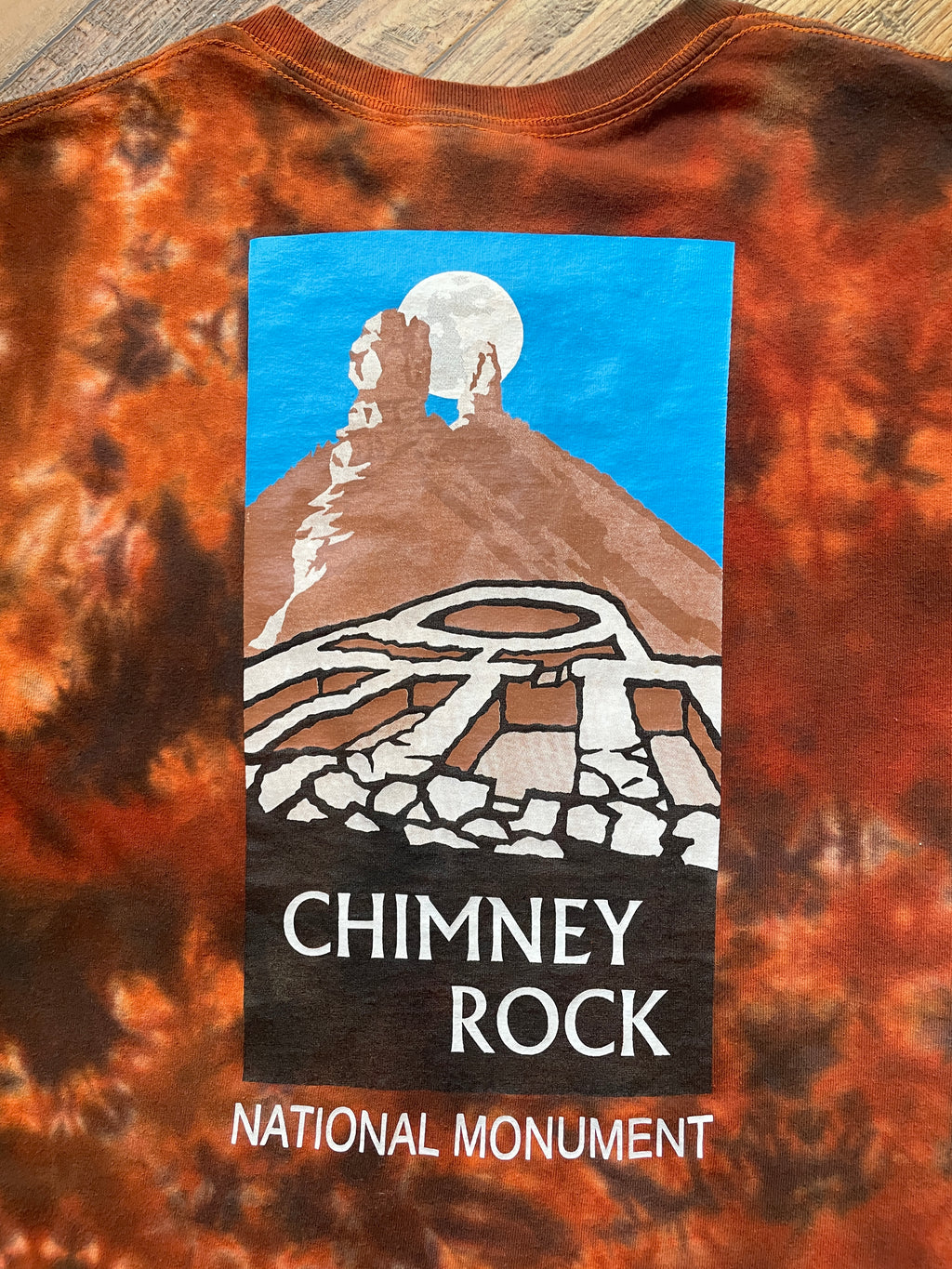 Chimney Rock National Monument Orange and Blac Tie Dye T-Shirt | Men's Large, Short Sleeve