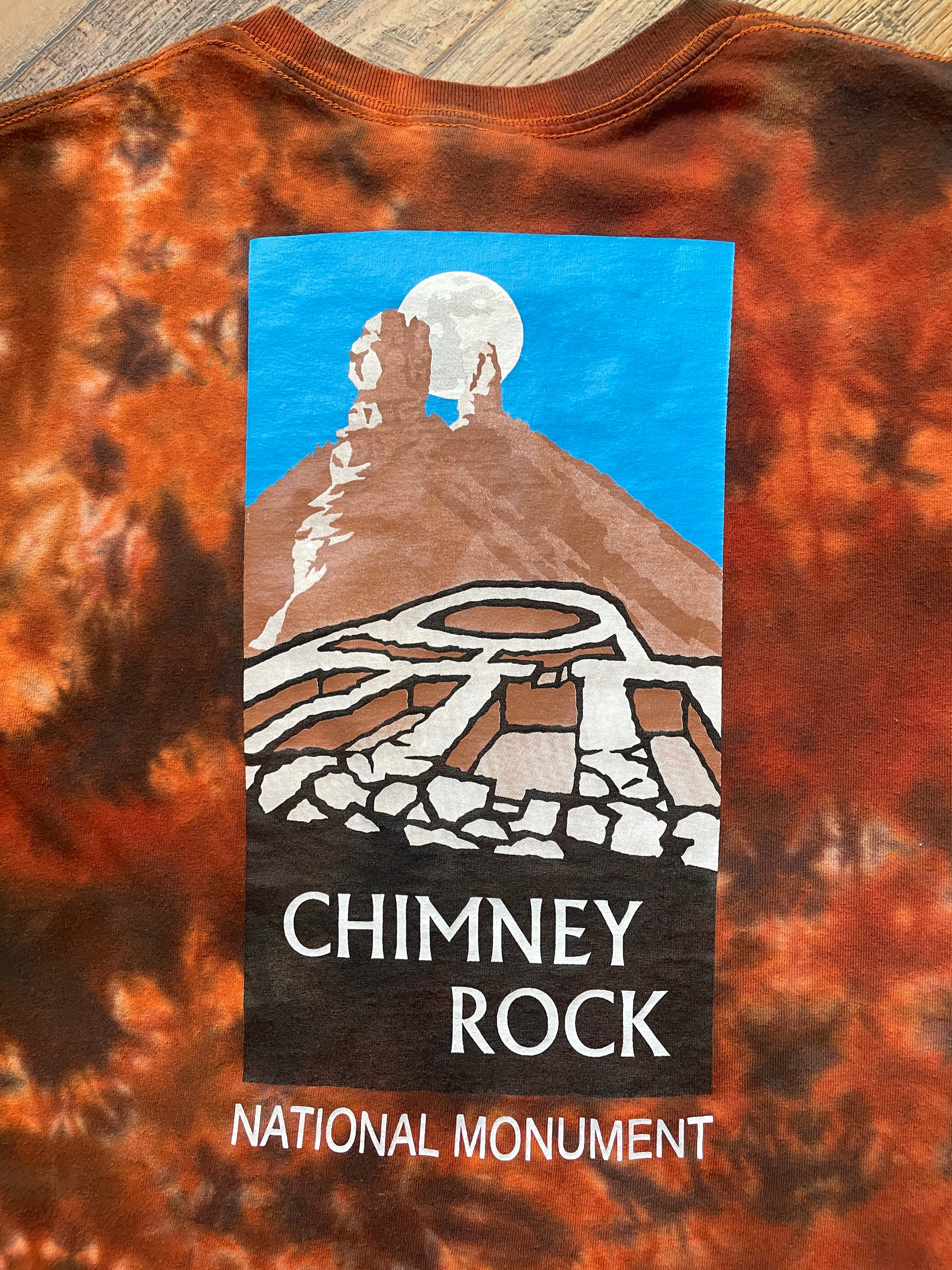Chimney Rock National Monument Orange and Blac Tie Dye T-Shirt | Men's Large, Short Sleeve