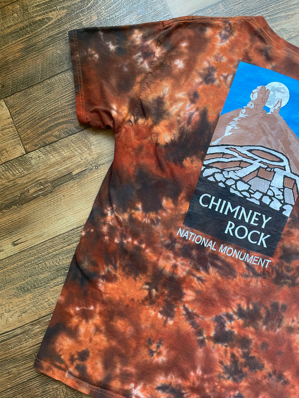 Chimney Rock National Monument Orange and Blac Tie Dye T-Shirt | Men's Large, Short Sleeve