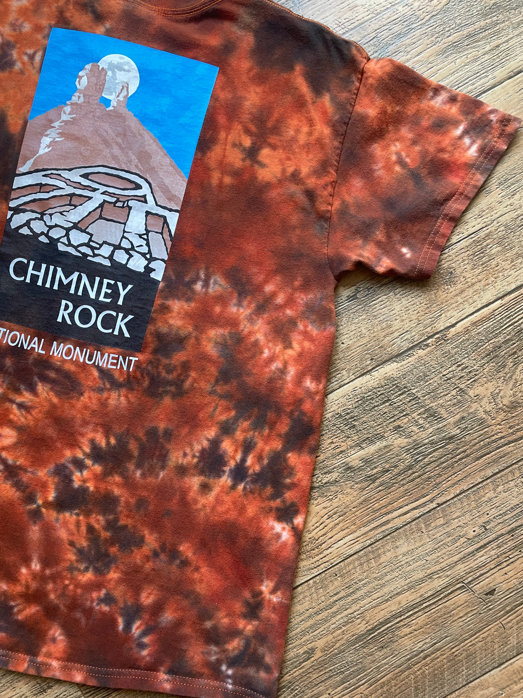 Chimney Rock National Monument Orange and Blac Tie Dye T-Shirt | Men's Large, Short Sleeve