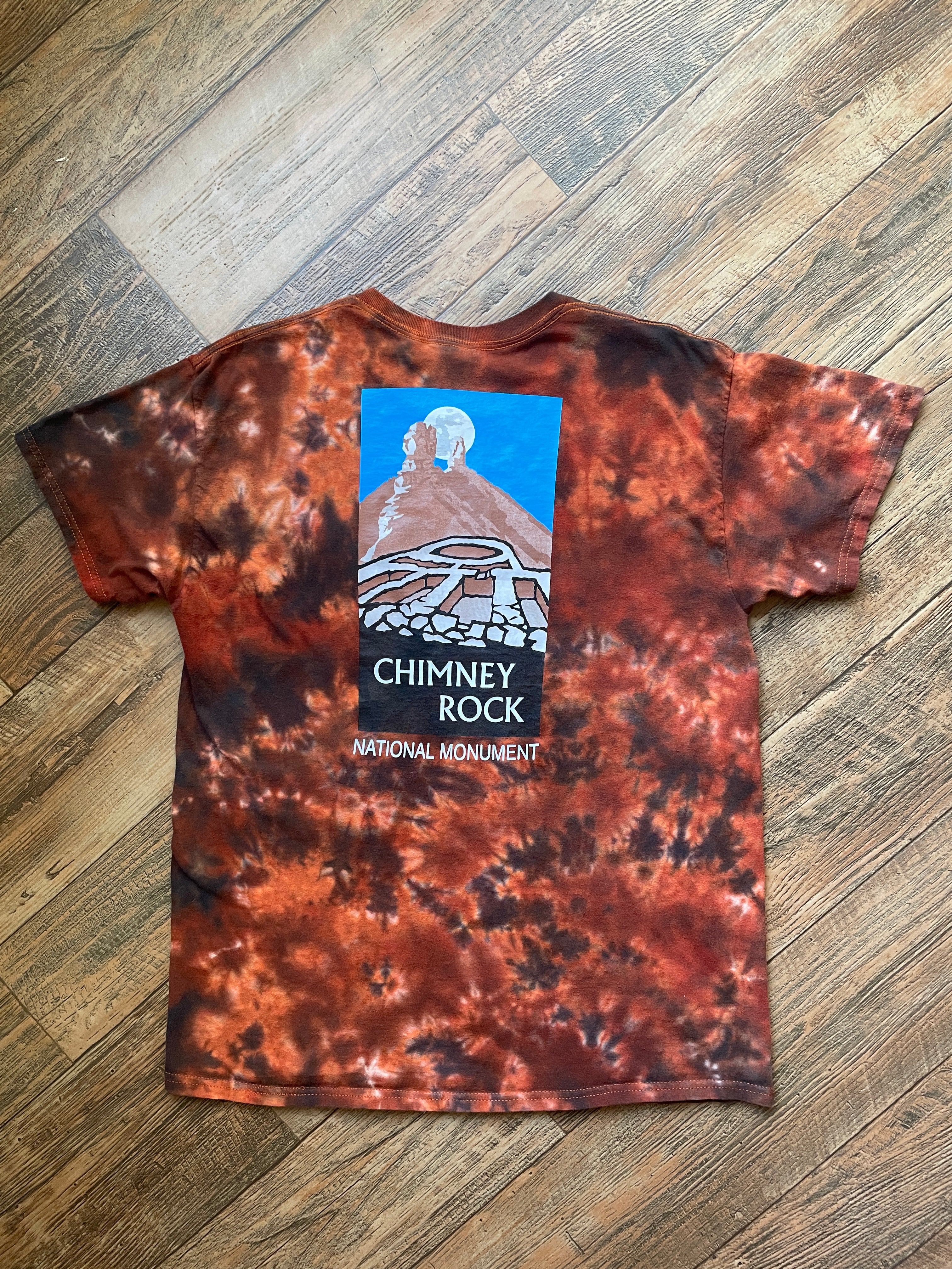 Chimney Rock National Monument Orange and Blac Tie Dye T-Shirt | Men's Large, Short Sleeve