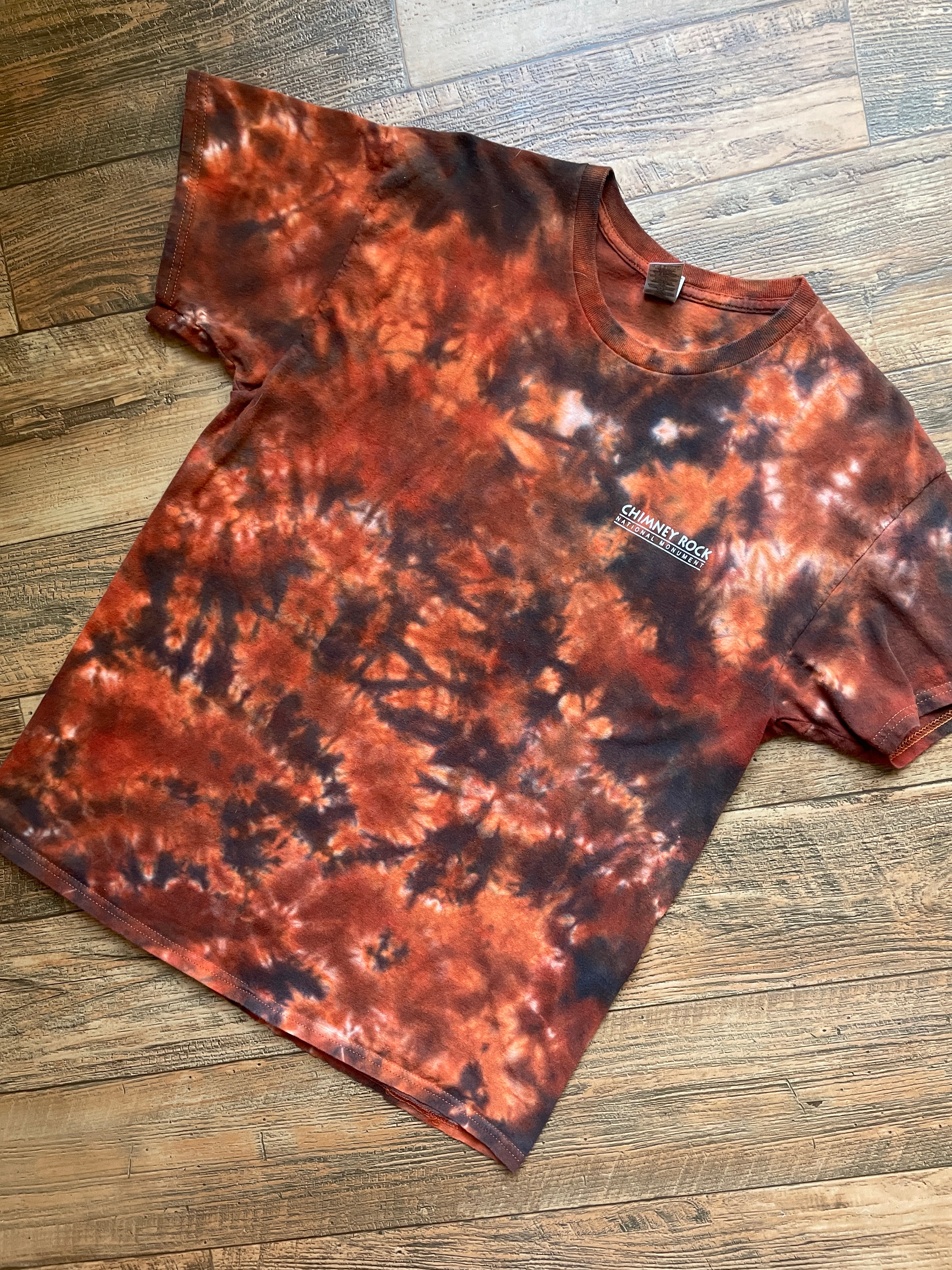 Chimney Rock National Monument Orange and Blac Tie Dye T-Shirt | Men's Large, Short Sleeve