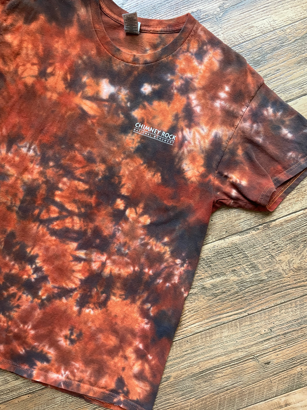 Chimney Rock National Monument Orange and Blac Tie Dye T-Shirt | Men's Large, Short Sleeve