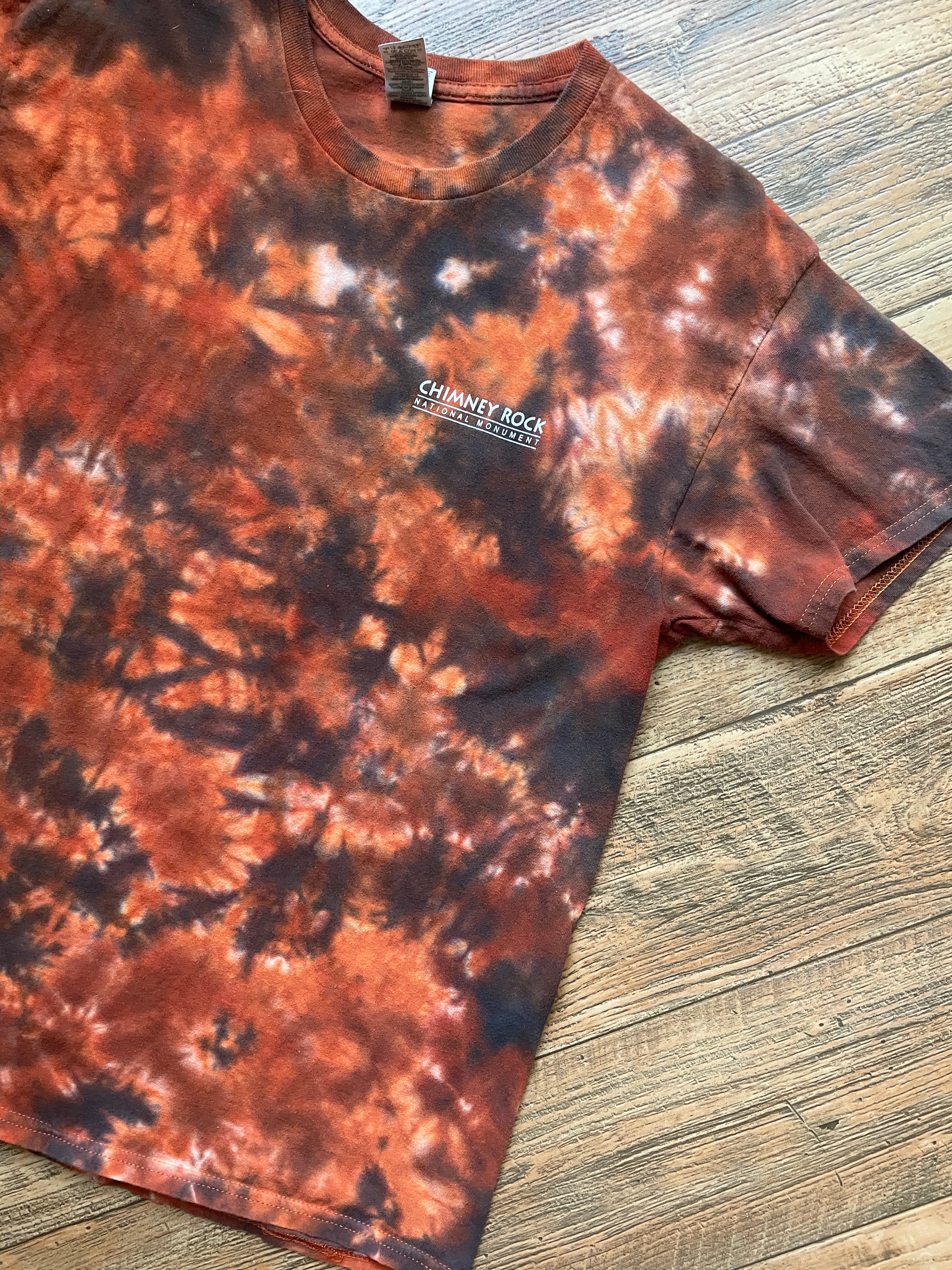 Chimney Rock National Monument Orange and Blac Tie Dye T-Shirt | Men's Large, Short Sleeve