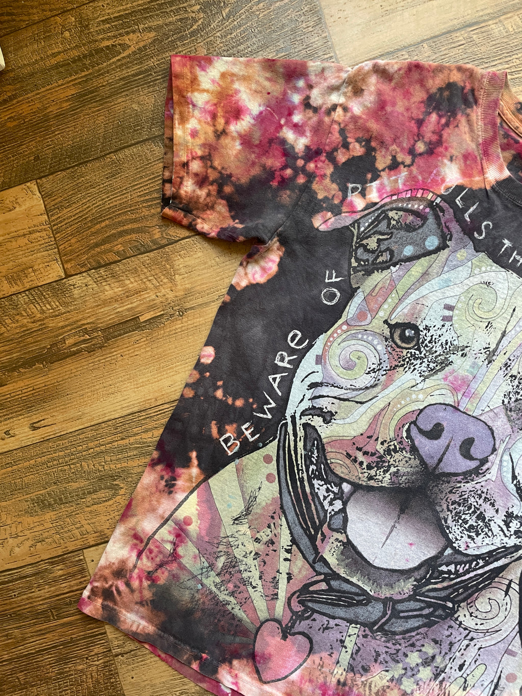 Pitbulls Will Steal Your Heart Gray and Pink Tie Dye T-Shirt | Men's Large, Short Sleeve