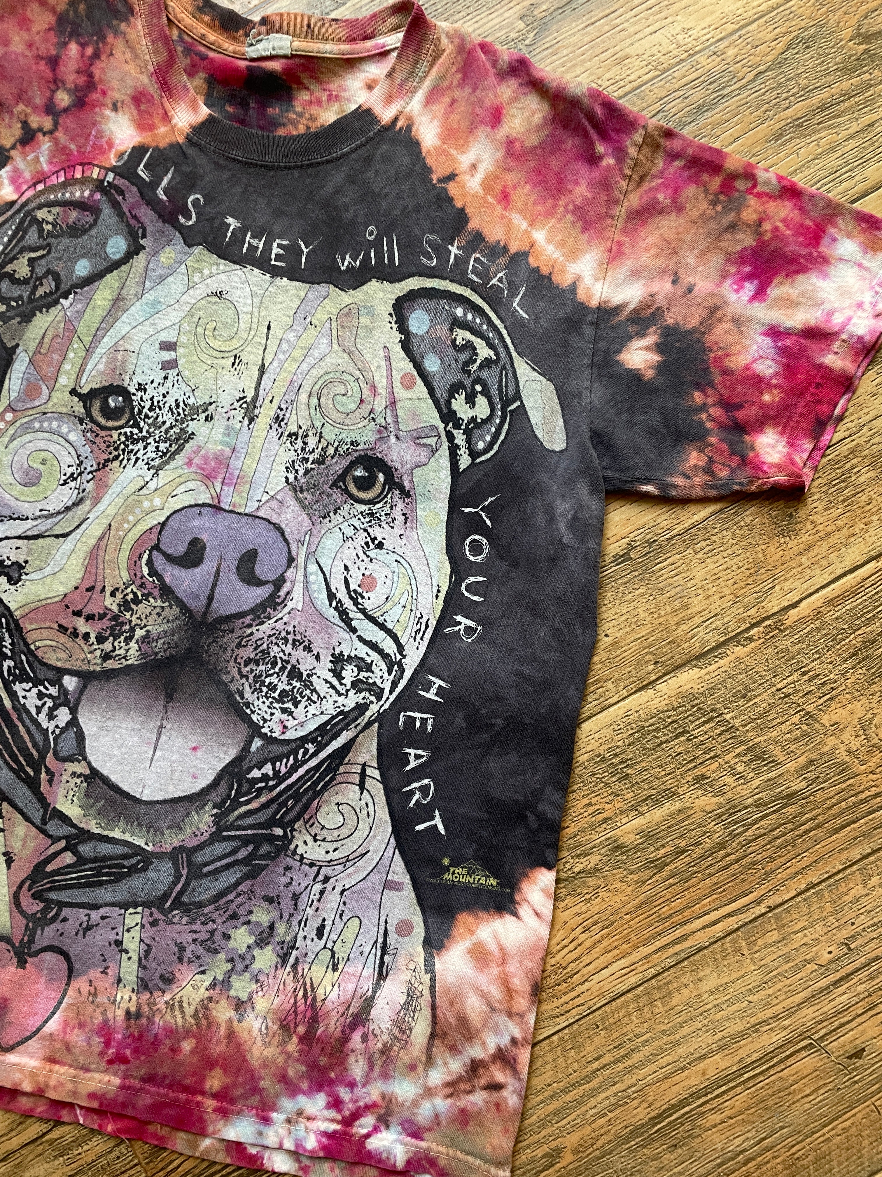 Pitbulls Will Steal Your Heart Gray and Pink Tie Dye T-Shirt | Men's Large, Short Sleeve