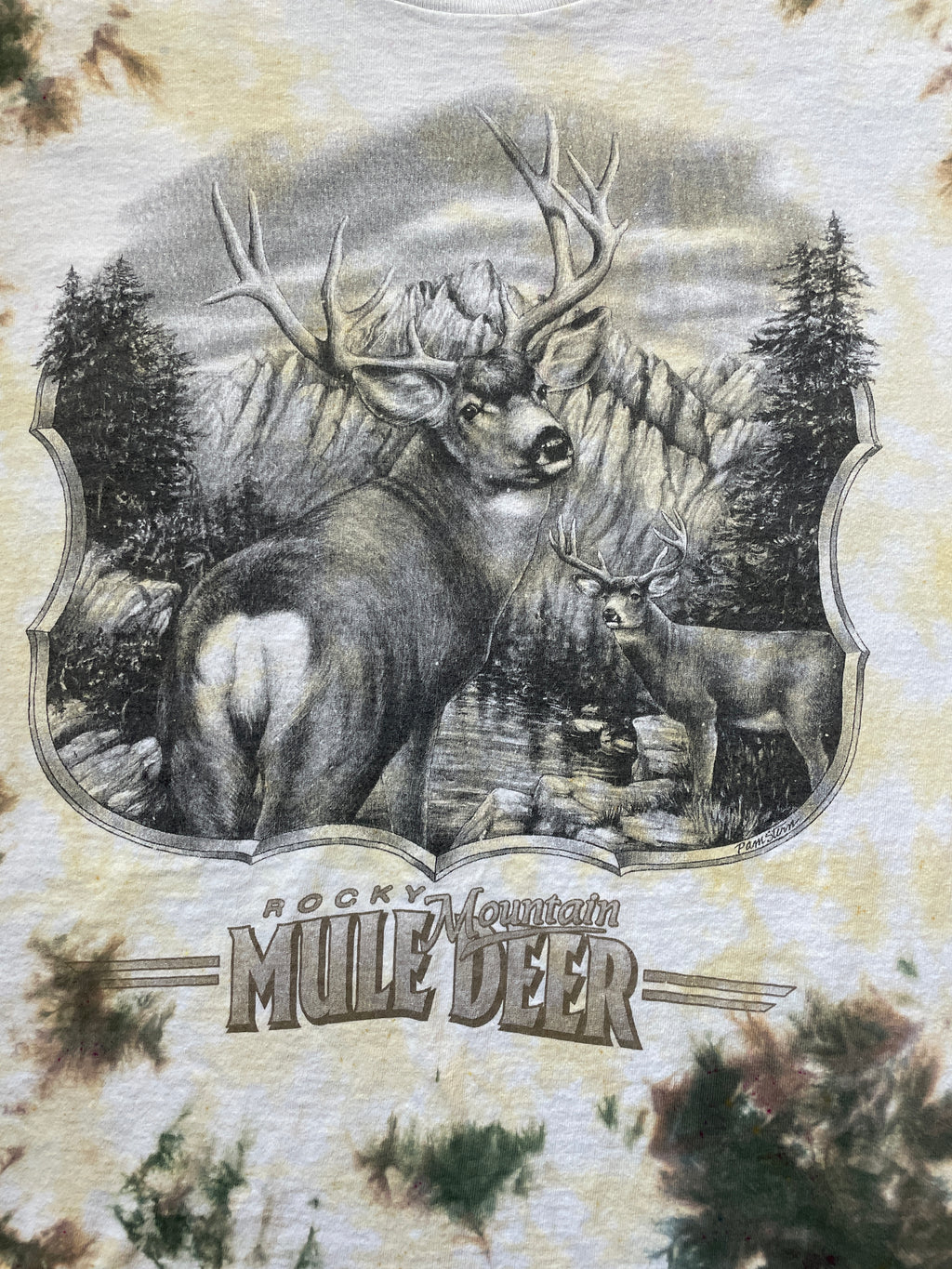 Rocky Mountain Mule Deer Tan & White Tie Dye T-Shirt | Men's Large, Short Sleeve