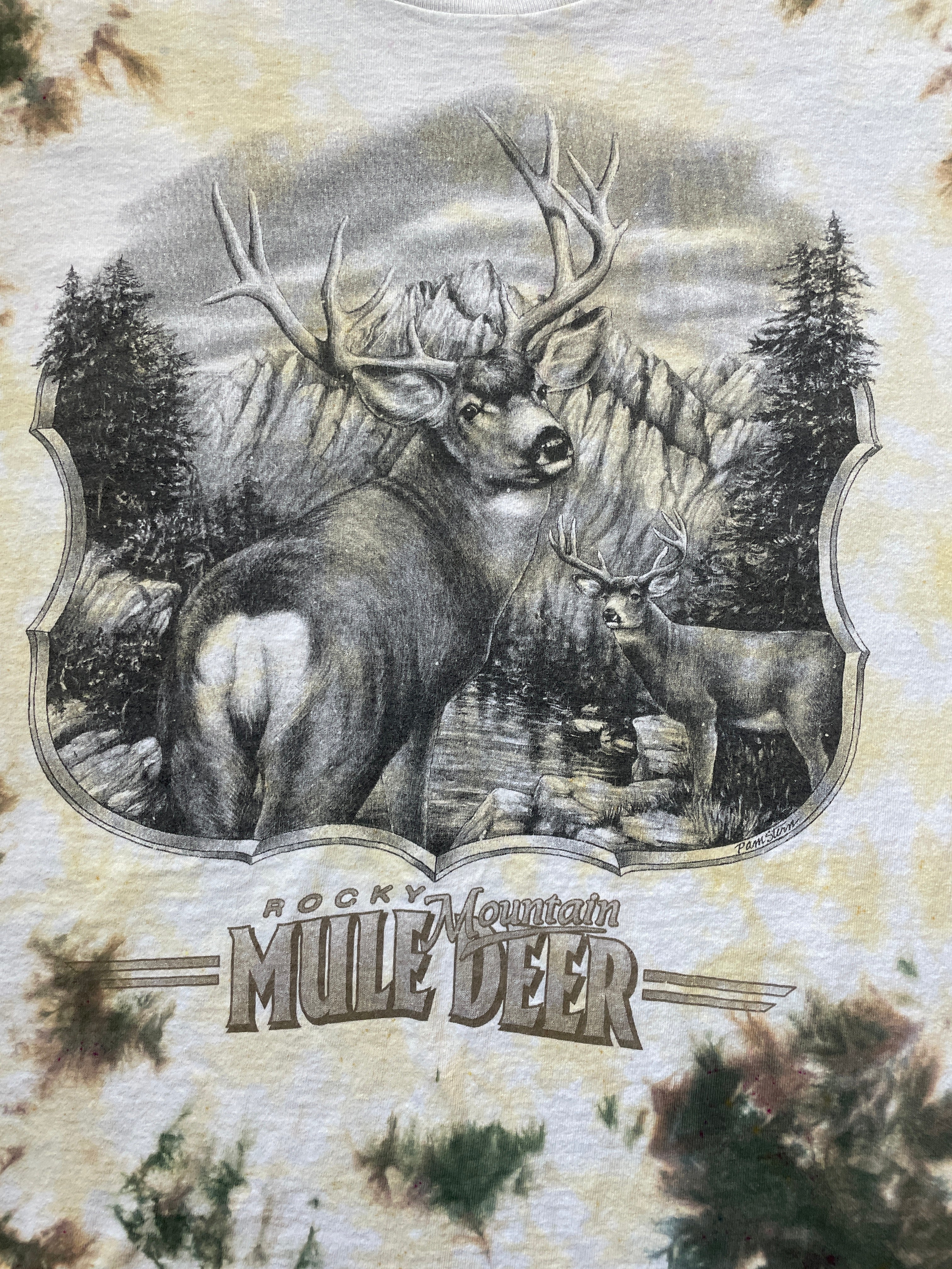 Rocky Mountain Mule Deer Tan & White Tie Dye T-Shirt | Men's Large, Short Sleeve