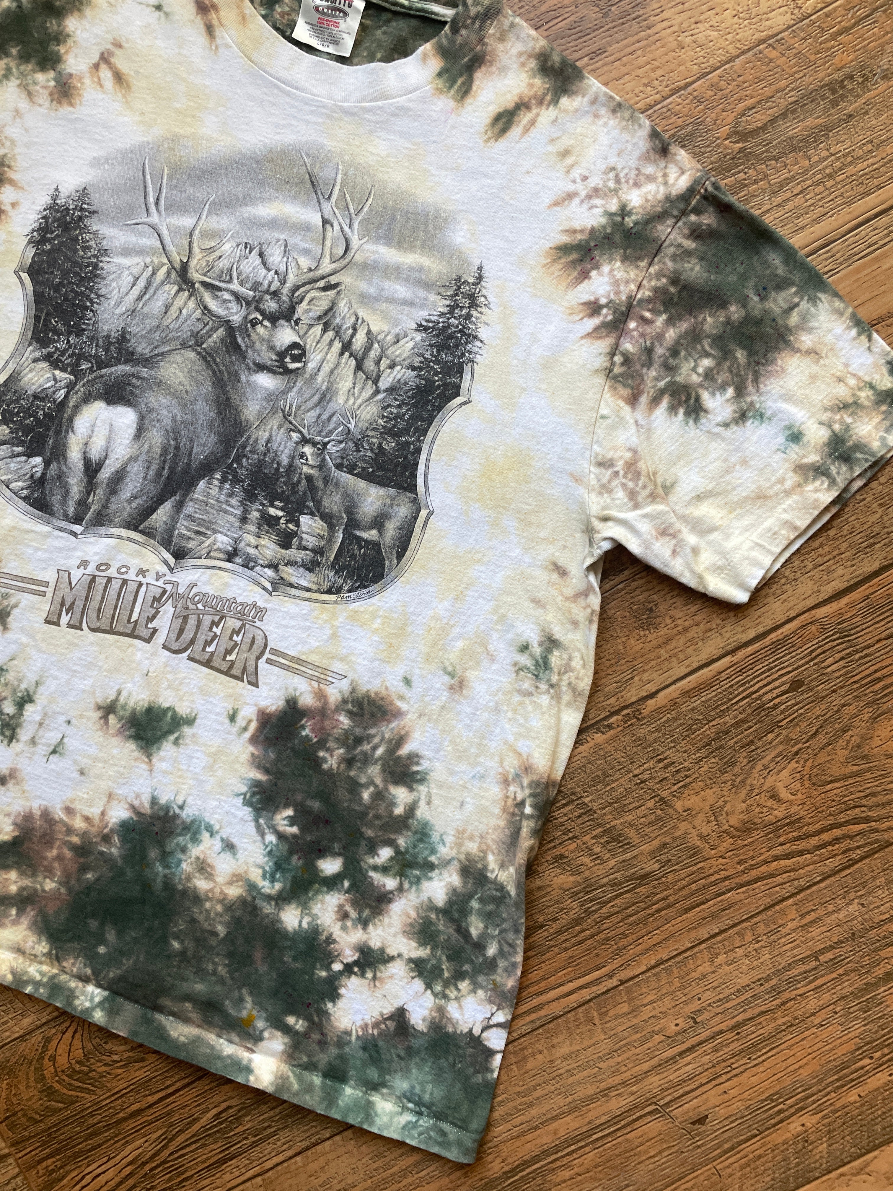 Rocky Mountain Mule Deer Tan & White Tie Dye T-Shirt | Men's Large, Short Sleeve