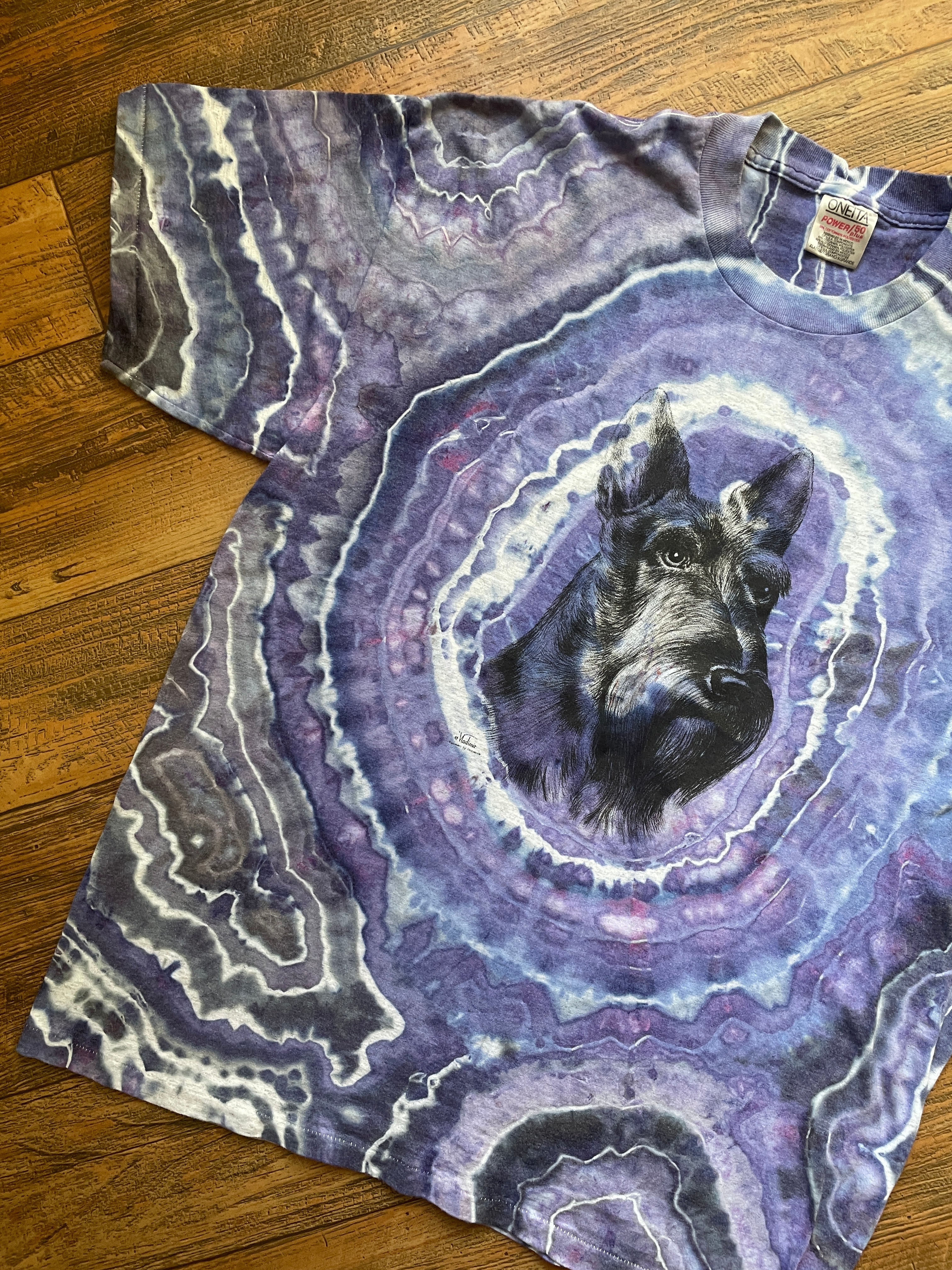 Purple and Gray Schnauzer Tie Dye T-Shirt | Men's XL, Short Sleeve