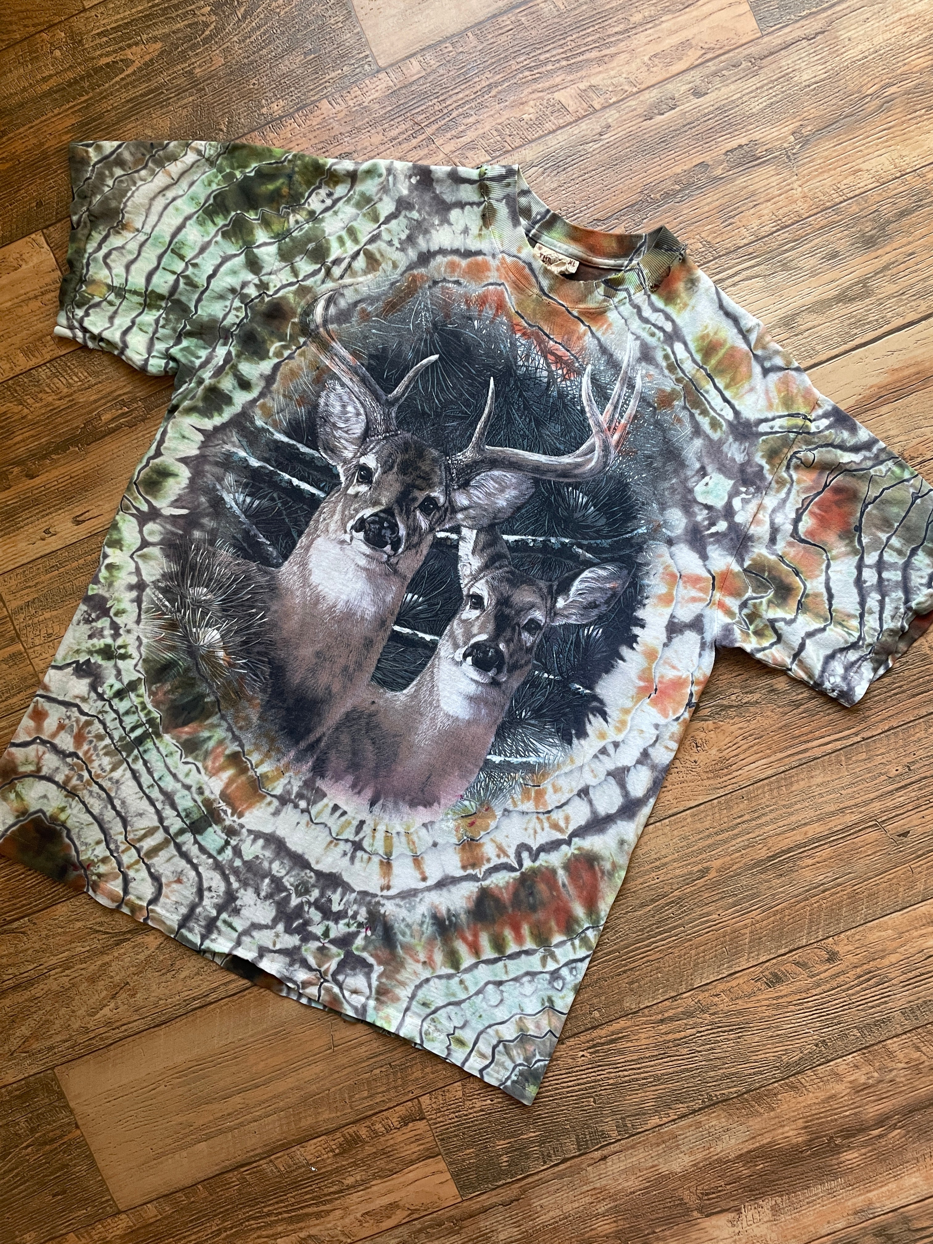 Brown and Green Deer Tie Dye T-Shirt | Men's XL, Short Sleeve