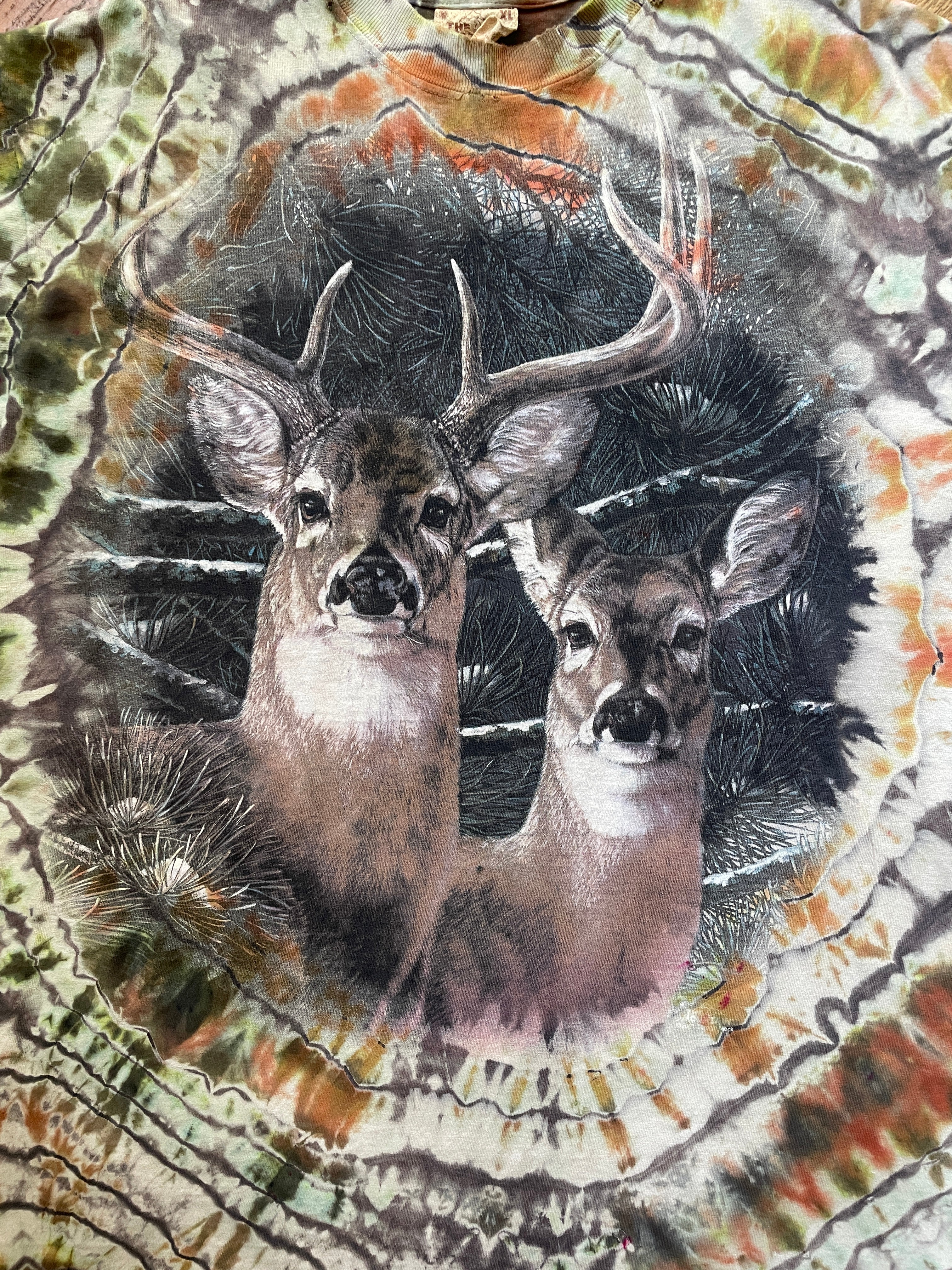 Brown and Green Deer Tie Dye T-Shirt | Men's XL, Short Sleeve