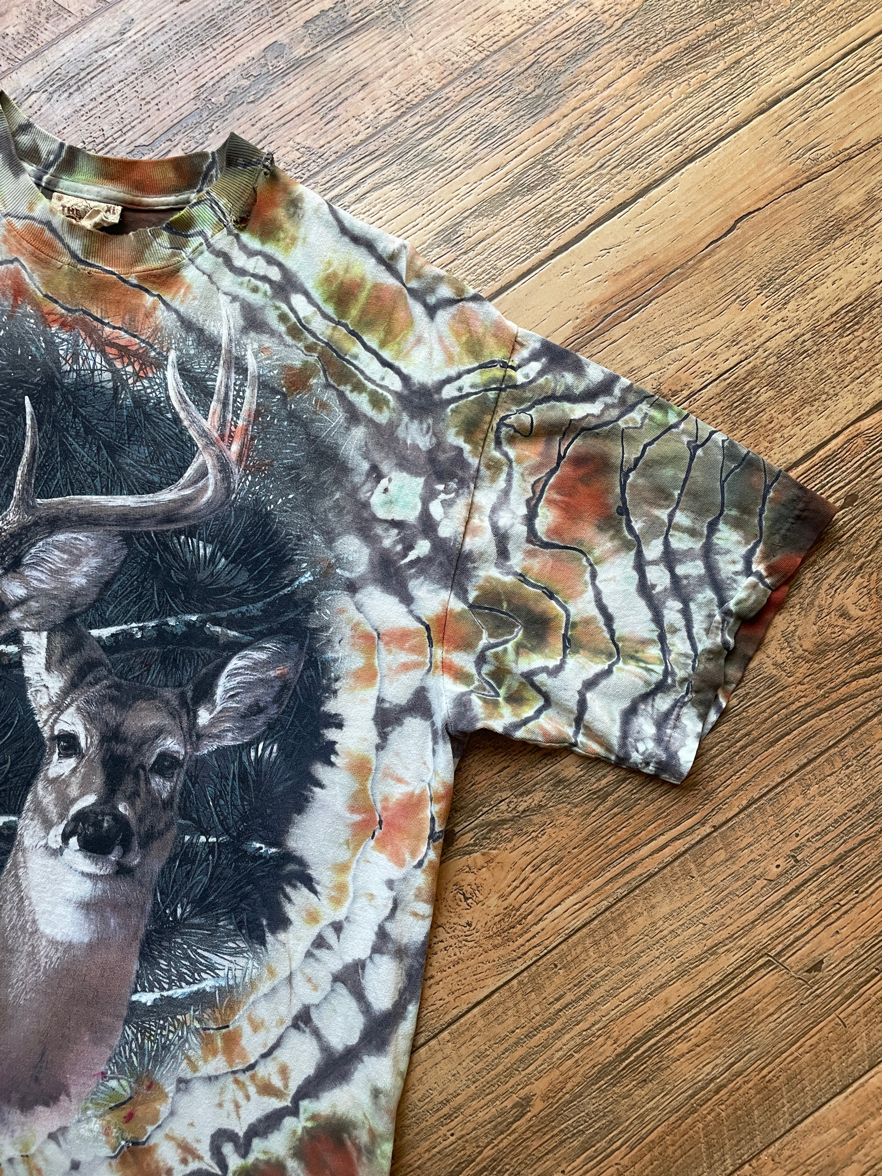 Brown and Green Deer Tie Dye T-Shirt | Men's XL, Short Sleeve