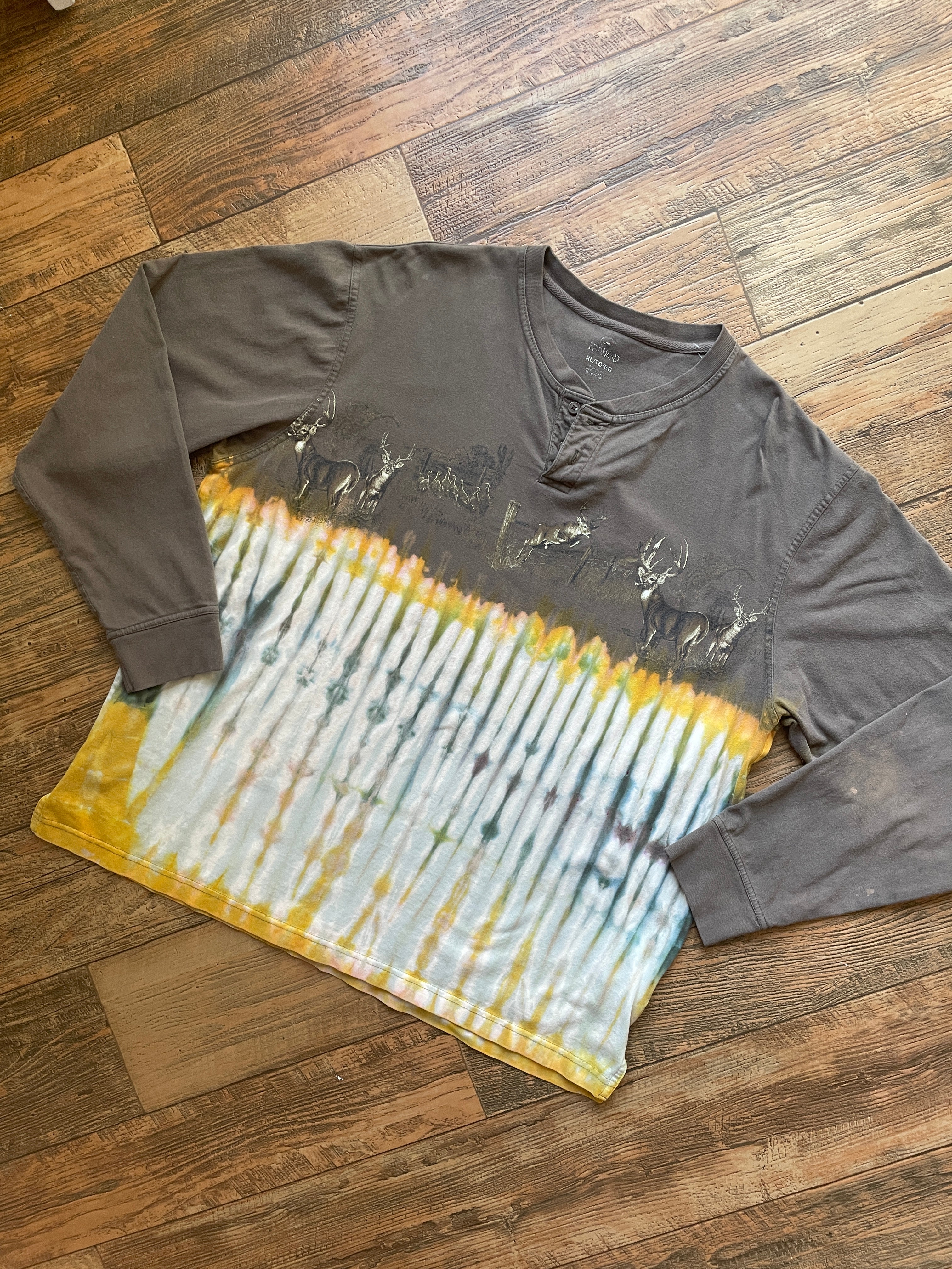 Tan, Yellow, and Green Double-sided Deer Tie Dye T-Shirt | Men's XL, Long Sleeve