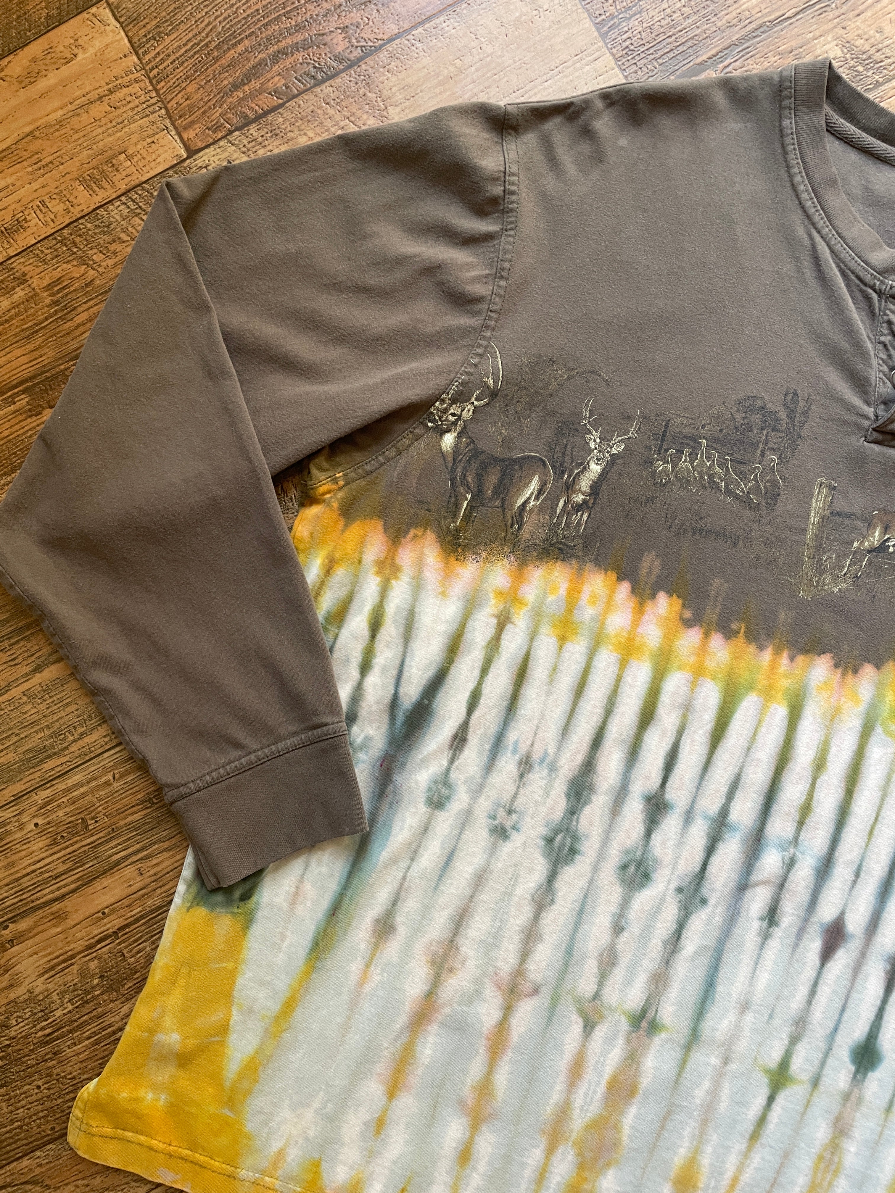 Tan, Yellow, and Green Double-sided Deer Tie Dye T-Shirt | Men's XL, Long Sleeve