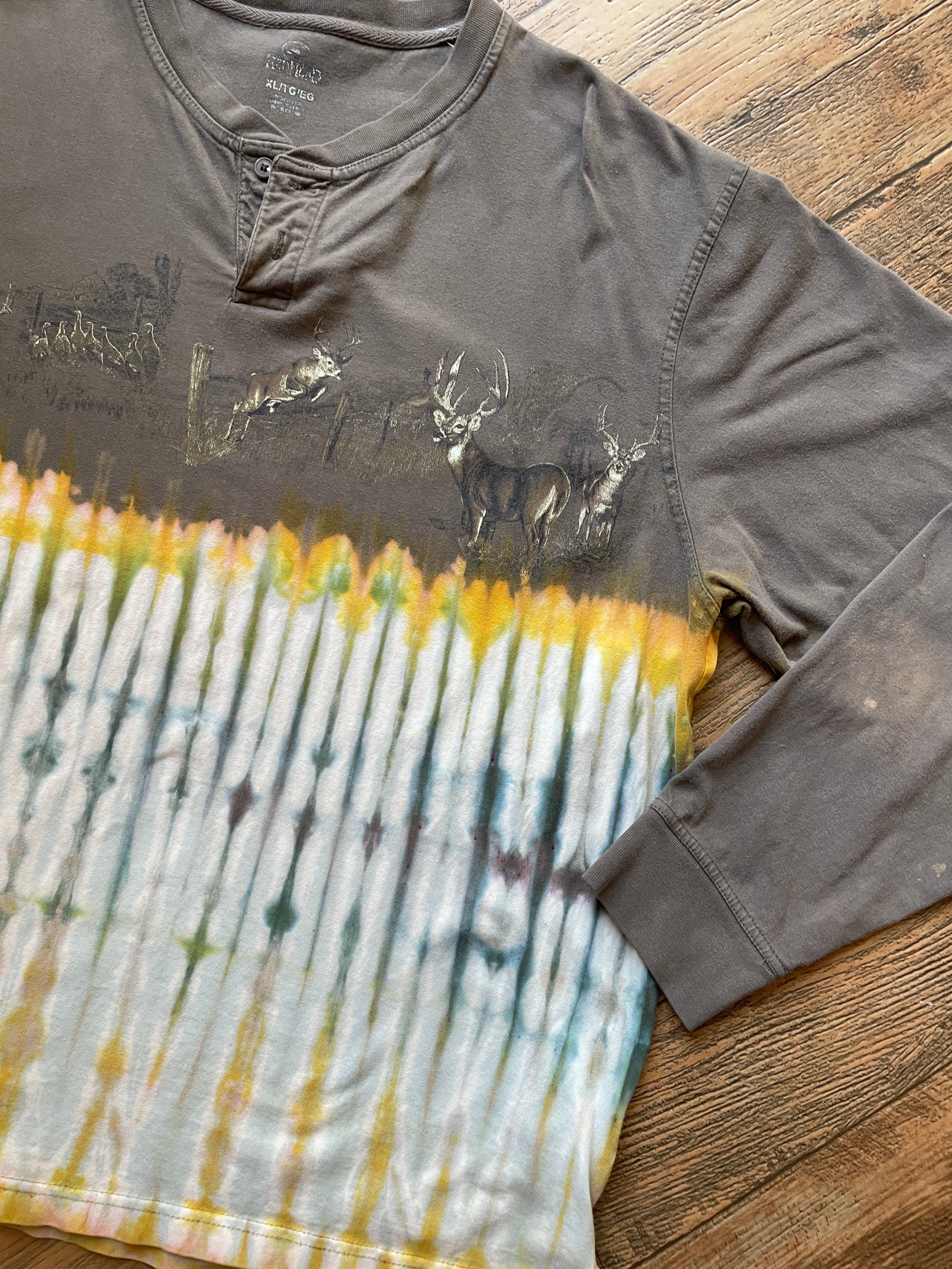 Tan, Yellow, and Green Double-sided Deer Tie Dye T-Shirt | Men's XL, Long Sleeve