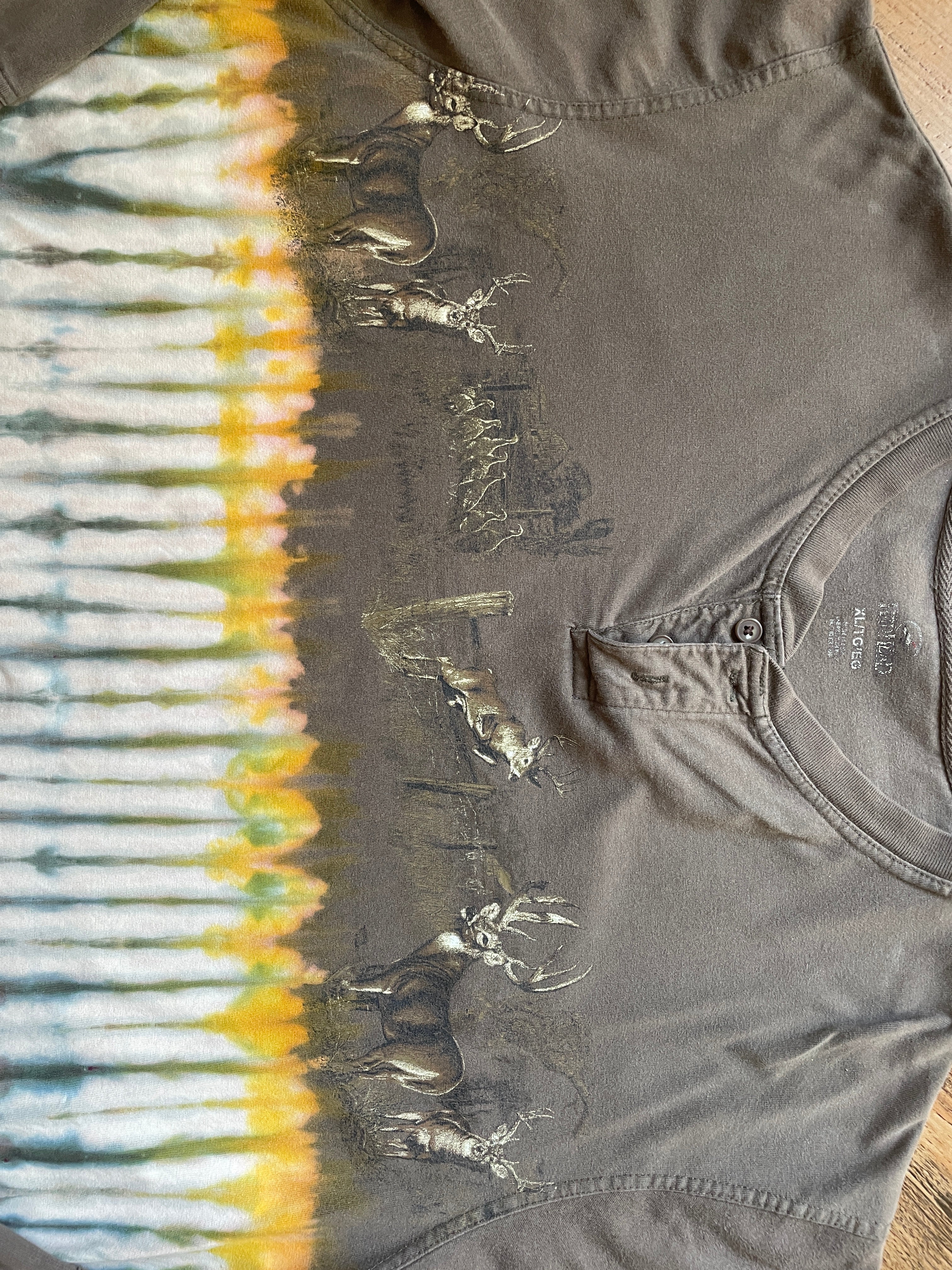 Tan, Yellow, and Green Double-sided Deer Tie Dye T-Shirt | Men's XL, Long Sleeve