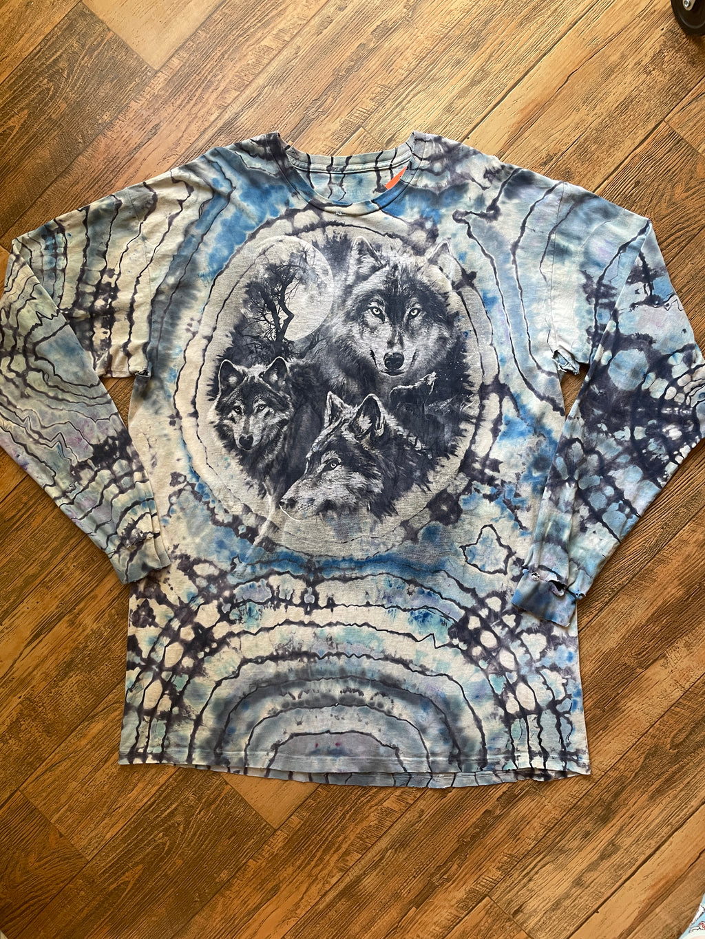 Gray and Blue Wolf Pack Geode Tie Dye T-Shirt | Men's 3XL, Long Sleeve