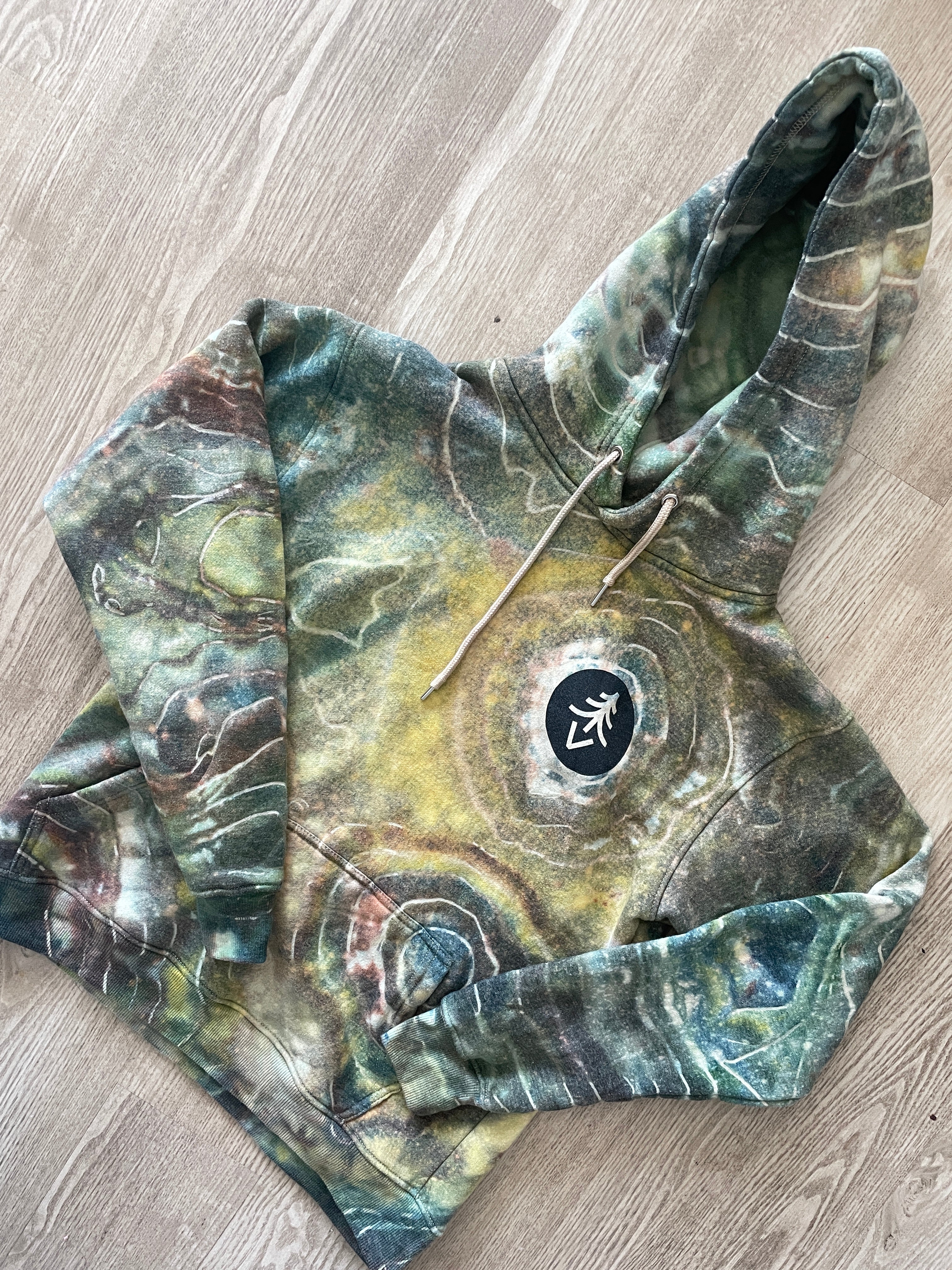 M/L Men’s Treevy Double-Sided Handmade Geode Tie Dye Hoodie | One-Of-a-Kind Upcycled Green, Yellow, and Brown Earth Tones Sweatshirt